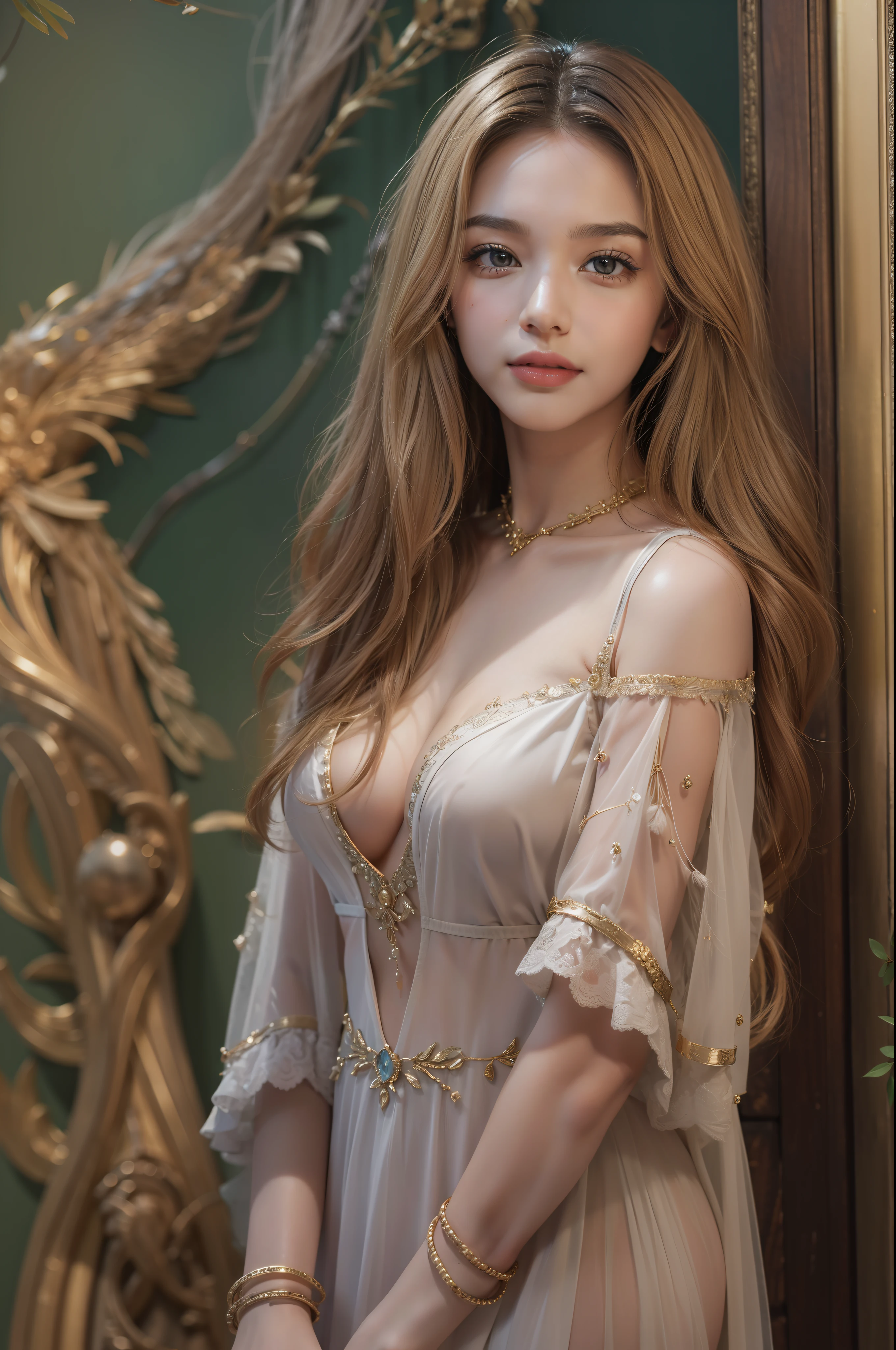 Beautiful and cute woman posing, The cutest 20-year-old beauty, Enchanted smile, The background is a room in the museum, Very long hair, Considerably more revealing outfits, Gradient Eyes, Seductive makeup, Show Lighting, , One-person viewpoint, canon, nffsw, retinas, masutepiece, ccurate, Anatomically correct, Textured skin, Super Detail, high details, High quality, awardwinning, Best Quality, hight resolution, 1080p, hard disk, 4K, 8K, 16 K