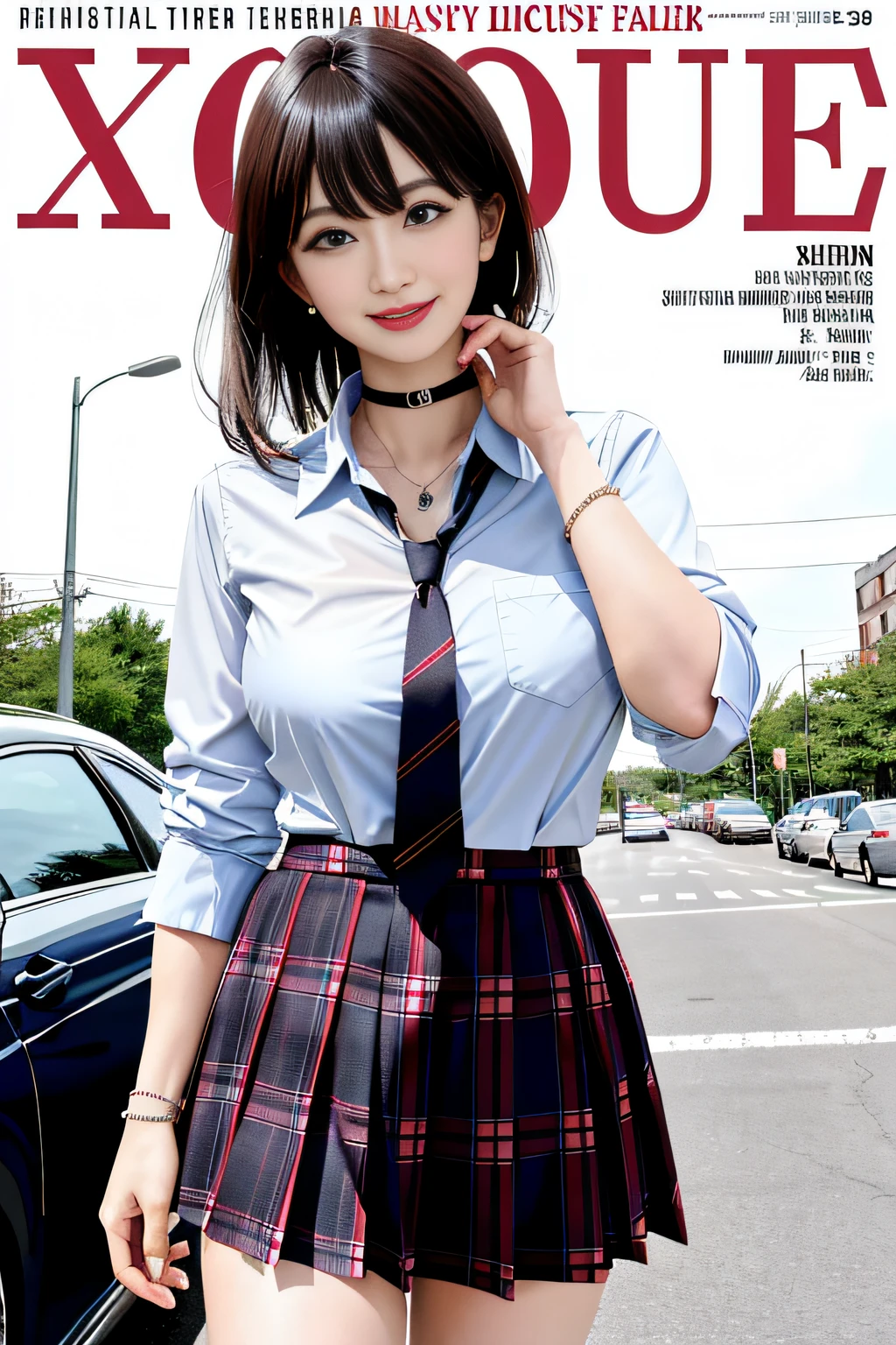 masterpiece, best quality, full body, 1girl, bangs, black choker, black necktie, black hair, blue skirt, blush, bracelet, breasts, choker, clothes around waist, collarbone, collared shirt, cowboy shot, dress shirt, ear piercing, eyebrows visible through hair, gradient hair, grin, gyaru, jewelry, kogal, long hair, looking at viewer, loose necktie, necktie, piercing, plaid, plaid skirt, pleated skirt, red eyes, ring, school uniform, shirt, skirt, smile, solo, white shirt, street, sky, cherry blossoms, petals,illustration, (magazine:1.3), (cover-style:1.3), fashionable, woman, vibrant, outfit, posing, front, colorful, dynamic, background, elements, confident, expression, holding, statement, accessory, majestic, coiled, around, touch, scene, text, cover, bold, attention-grabbing, title, stylish, font, catchy, headline, larger, striking, modern, trendy, focus, fashion,