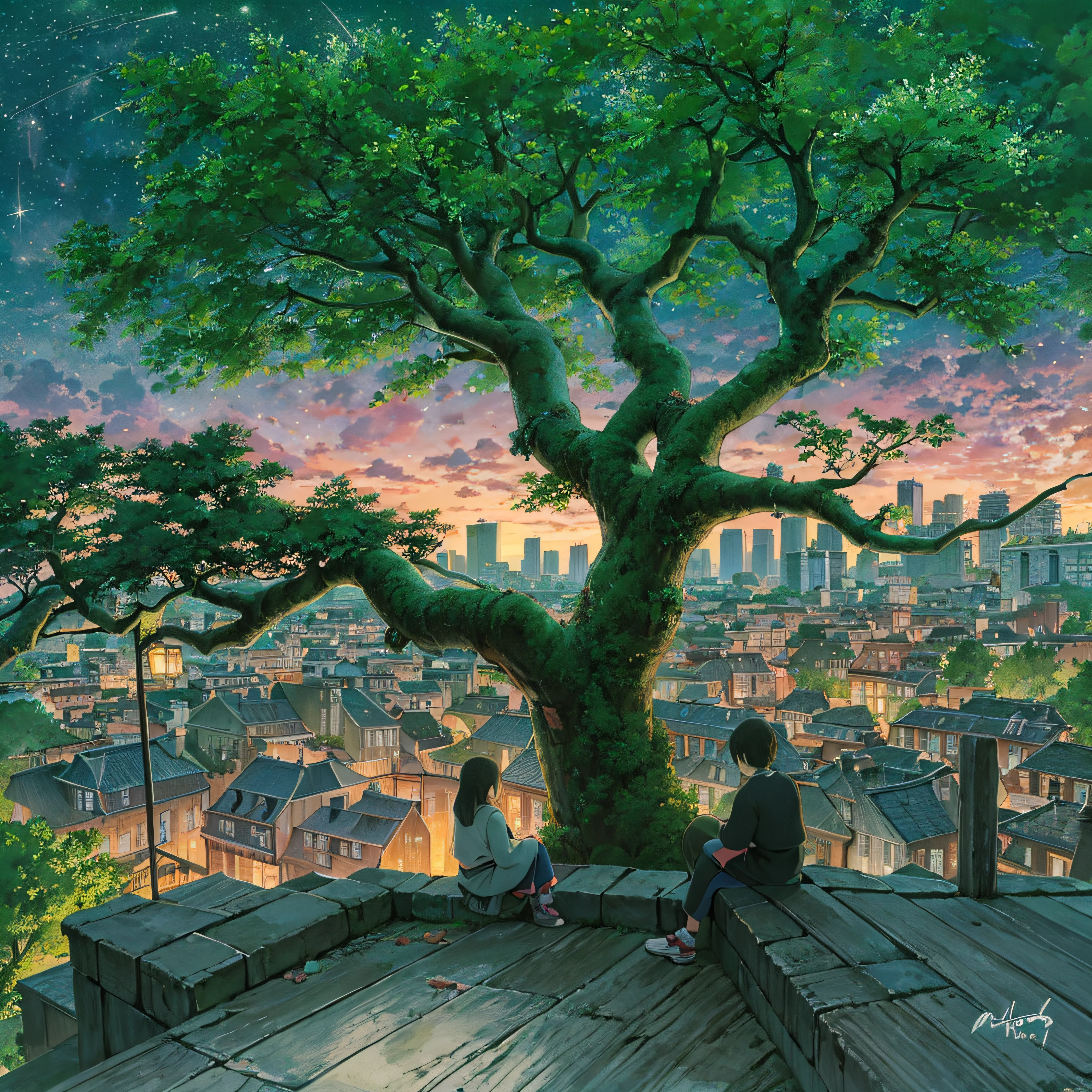 octans、Skysky、stele(Skysky)、landscapes、starrysky、natta、nigh sky、独奏、plein air、Signature、buliding、clouds、milkyway、sitting on、The tree、street、silhuette、A city scape