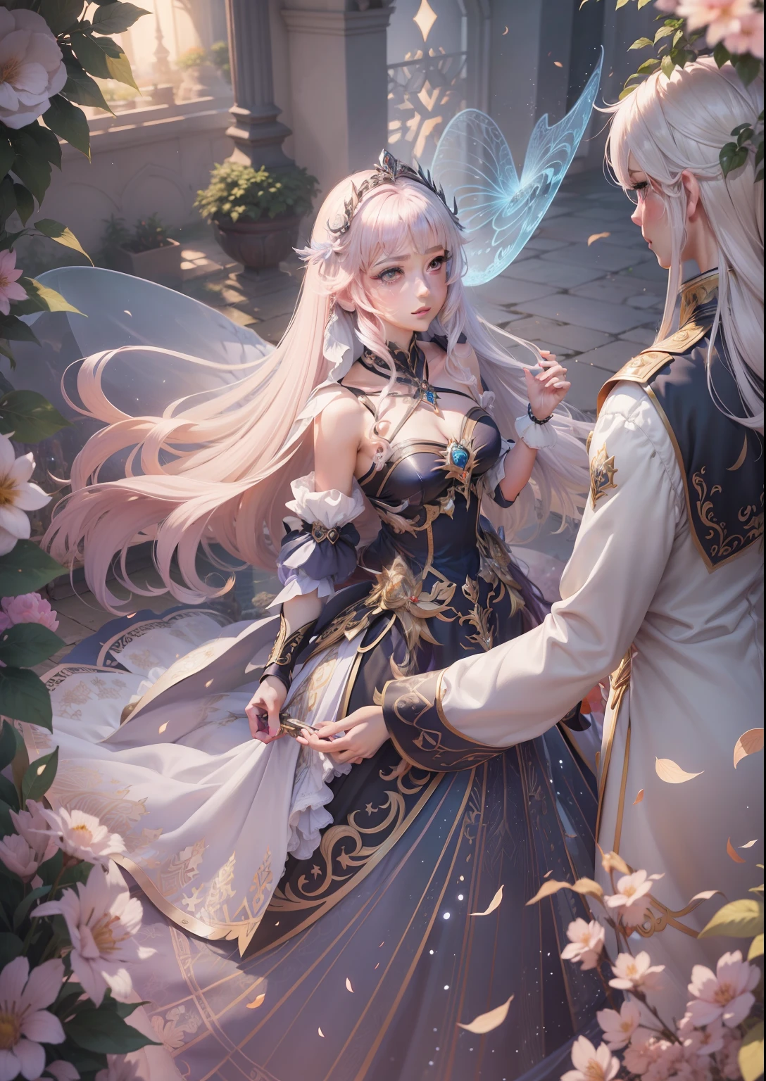 uma mulher em um vestido ao lado de um homem em um vestido, Loira - Princesa Cabelos, menina anime loira com cabelo longo, anime de fantasia bonito, ((uma bela imperatriz fantasia)), arte chave detalhada do anime, sorrindo como uma rainha de fadas, ethereal fairy tale, bela arte de anime, anime fantasy illustration, Wlop e Sakimichan, arte de conto de fadas, bela arte de anime, obra-prima, melhor qualidade, (papel de parede CG unity 8k extremamente detalhado), (melhor qualidade), (best illustration), (melhor sombra), Absurdo, arte epica, Poses gloriosas, lindo brilho detalhado, brilho luminoso de fundo, detalhes insano