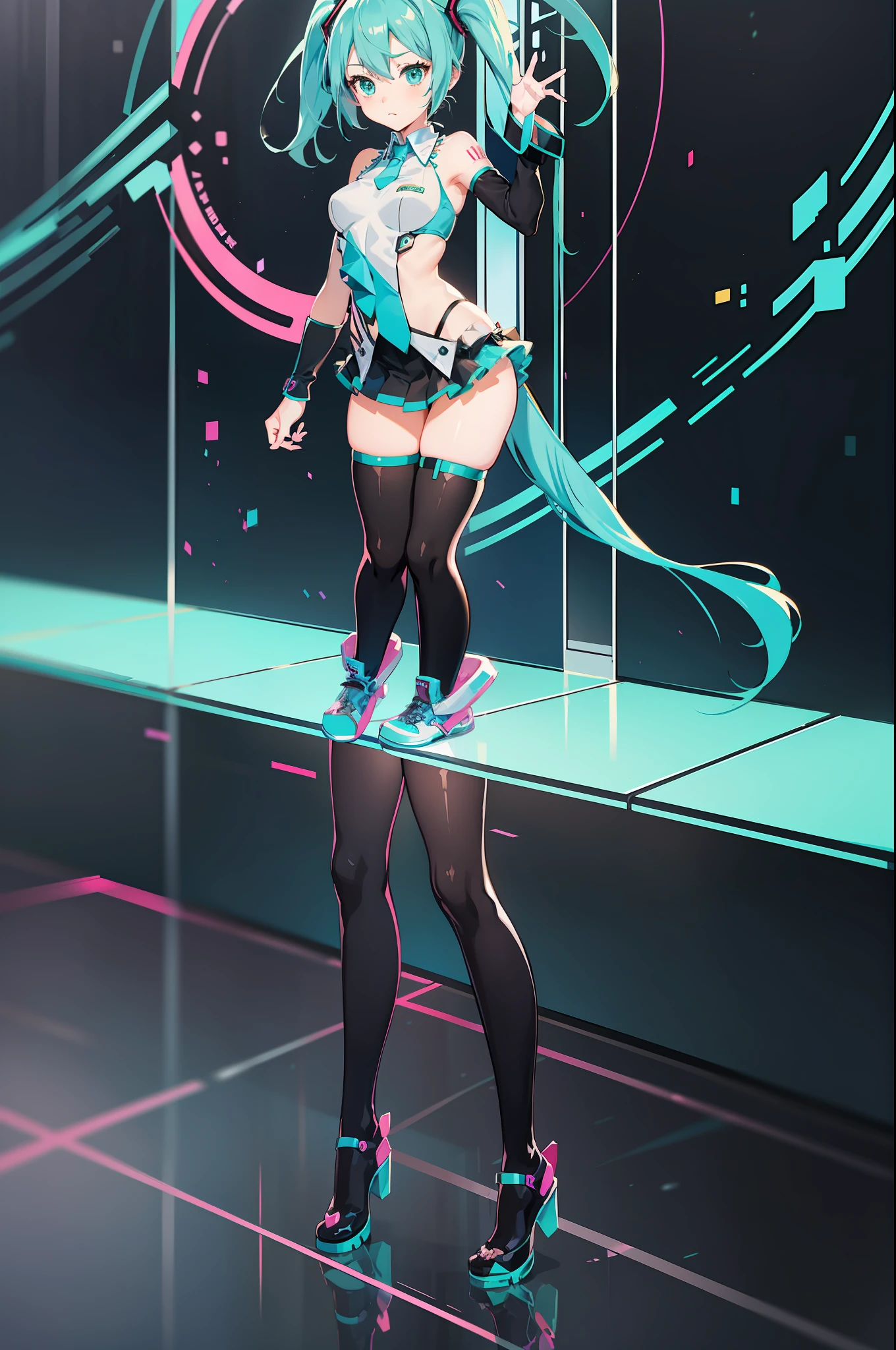 anime girl with long blue hair and black stockings, hatsune miku, hatsune miku short hair, vocaloid, miku, mikudayo, high quality anime artstyle, portrait of hatsune miku, anime pose, anime style 4 k, anime vtuber full body model, anime girl with teal hair, digital anime art!!, anime style. 8k