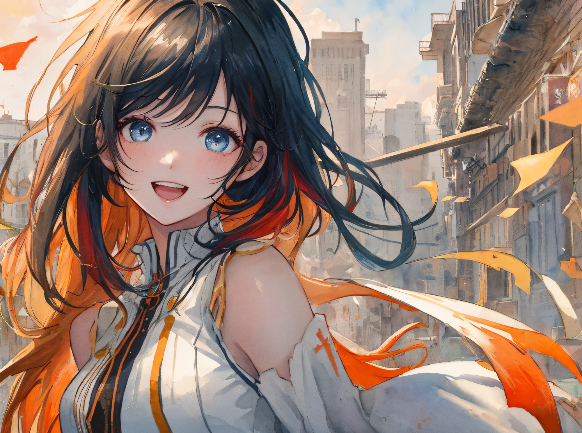 hyper detailed illustration ,superfine illustration, ((((​masterpiece)))), High quality, very_high_resolution, Large_filesize, fulcolor ,Very cute and beautiful girl,Very cute and beautiful anime face and eyes, Very delicate eyes,eye shadow,Female, 年轻,20 years old、Solo, 1 girl, Transparent skin ,From waist to head, short-cut、multicolored hair(Light orange、red)、Open mouth、Looks very happy, small tits、Sleeveless,White clothes、arms behind back、watercolor paiting、Beautiful background、Fantastic background、A city scape