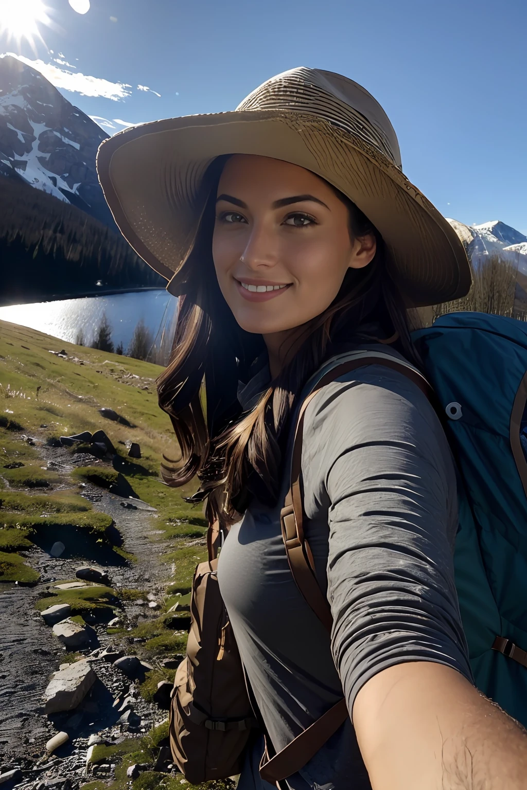 ((selfie corps entier, heureux)), belle jeune fille, 20 ans, master piece, beste-Qualit, Ultra-detailed, seule, outdoor, (twilight), montagnes, nature, joyeux, backpack, sac de couchage, camping stove, Bottle of water, bottes de montagne, Court court, soutien-gorge, chapeau, lampe de poche, woods, rochers, river, bois, smoke, ombres, contraste, ciel clair, style analogique (Regardez le spectateur: 1.2) (texture de la peau) (grain du film: 1.3), (teinte chaude, ton chaud) :1.2),  gros plan, Kinematic light, side lighting, ultra highres, meilleure ombre, .RAW, corps entier