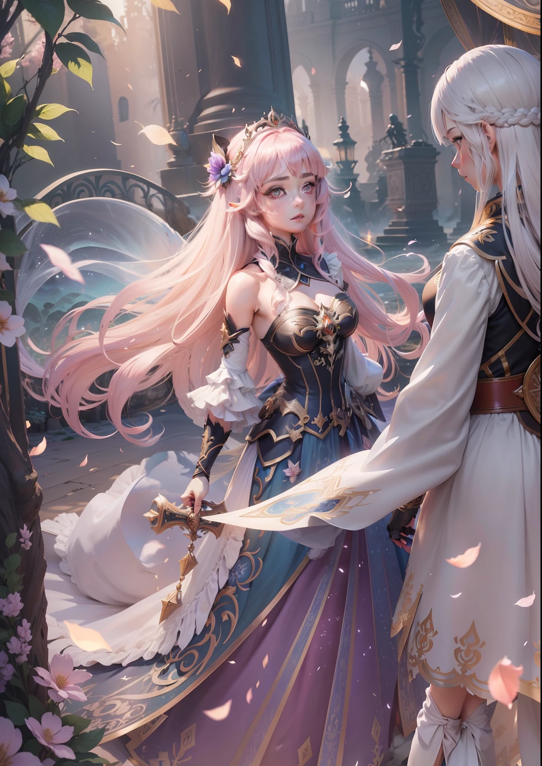 uma mulher em um vestido ao lado de um homem em um vestido, Loira - Princesa Cabelos, menina anime loira com cabelo longo, anime de fantasia bonito, ((uma bela imperatriz fantasia)), arte chave detalhada do anime, sorrindo como uma rainha de fadas, ethereal fairy tale, bela arte de anime, anime fantasy illustration, Wlop e Sakimichan, arte de conto de fadas, bela arte de anime, obra-prima, melhor qualidade, (papel de parede CG unity 8k extremamente detalhado), (melhor qualidade), (best illustration), (melhor sombra), Absurdo, arte epica, Poses gloriosas, lindo brilho detalhado, brilho luminoso de fundo, detalhes insano