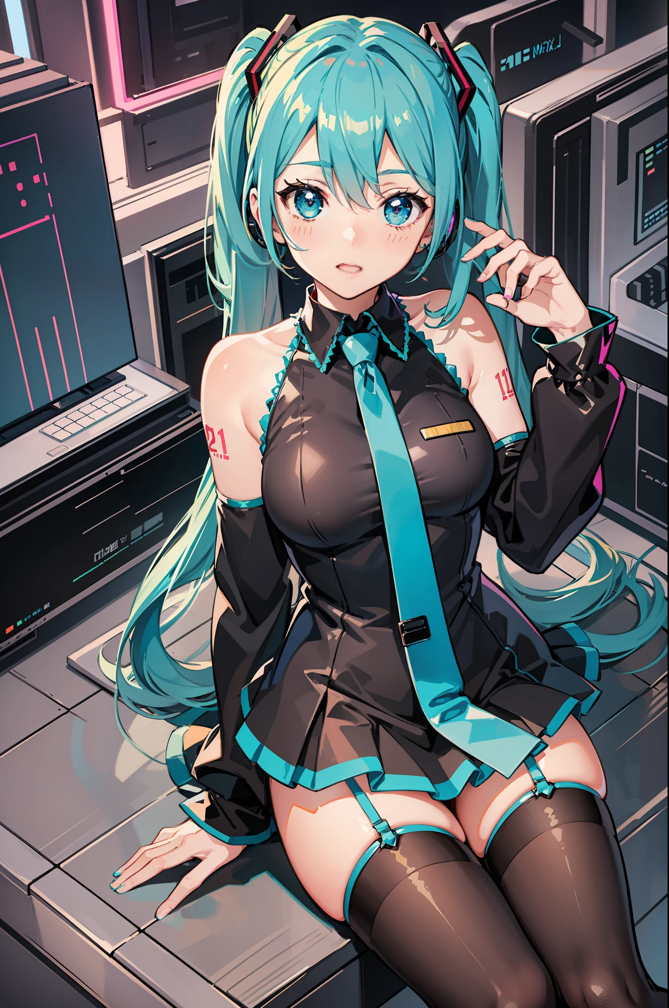 anime girl with long blue hair and black stockings, hatsune miku, hatsune miku short hair, vocaloid, miku, mikudayo, high quality anime artstyle, portrait of hatsune miku, anime pose, anime style 4 k, anime vtuber full body model, anime girl with teal hair, digital anime art!!, anime style. 8k