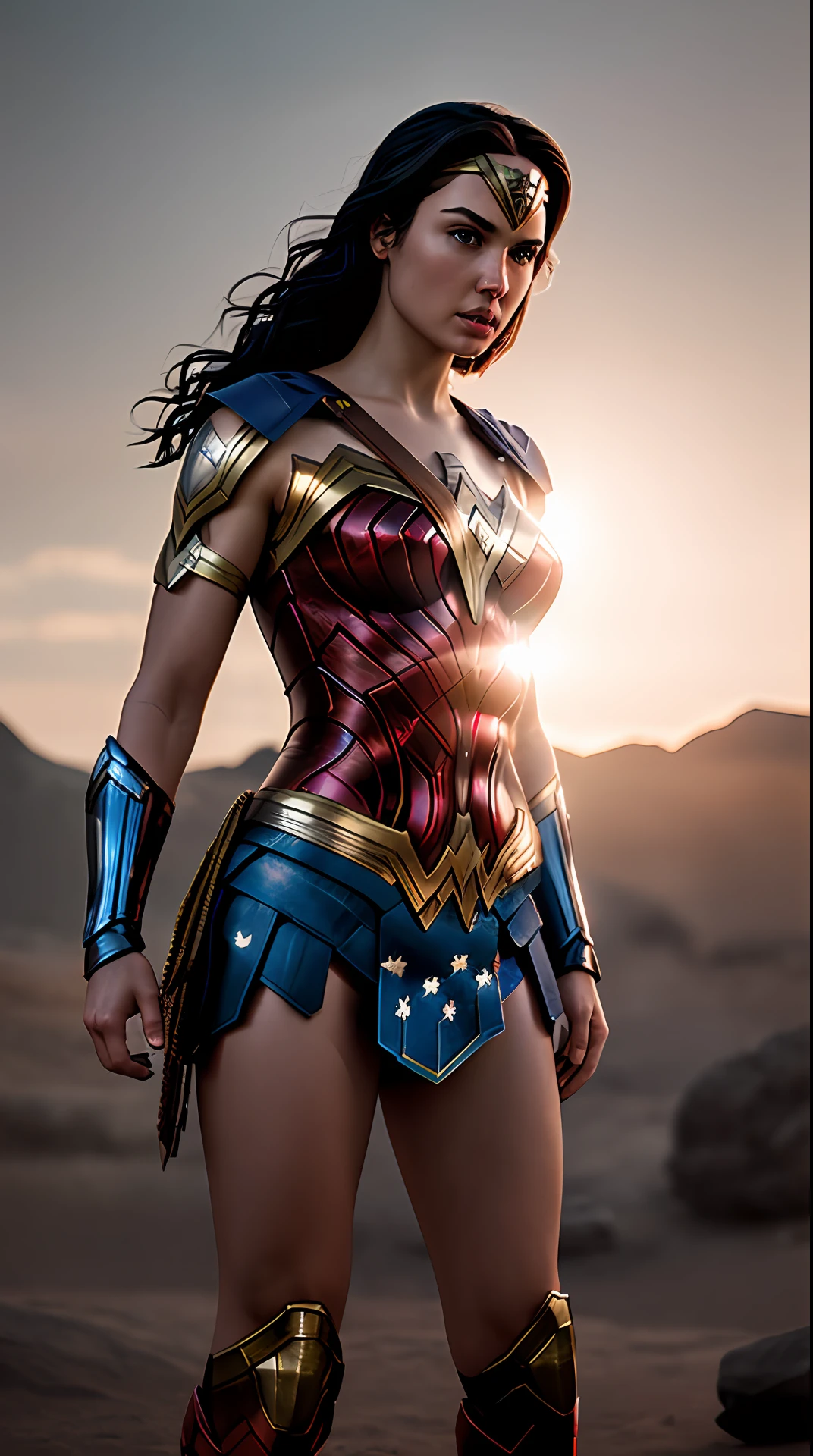 wonder woman, red and blue armor, photography, soft lighting, soft details, octane, artstation trending, ultra high detail, ultra realistic, cinematic,16k