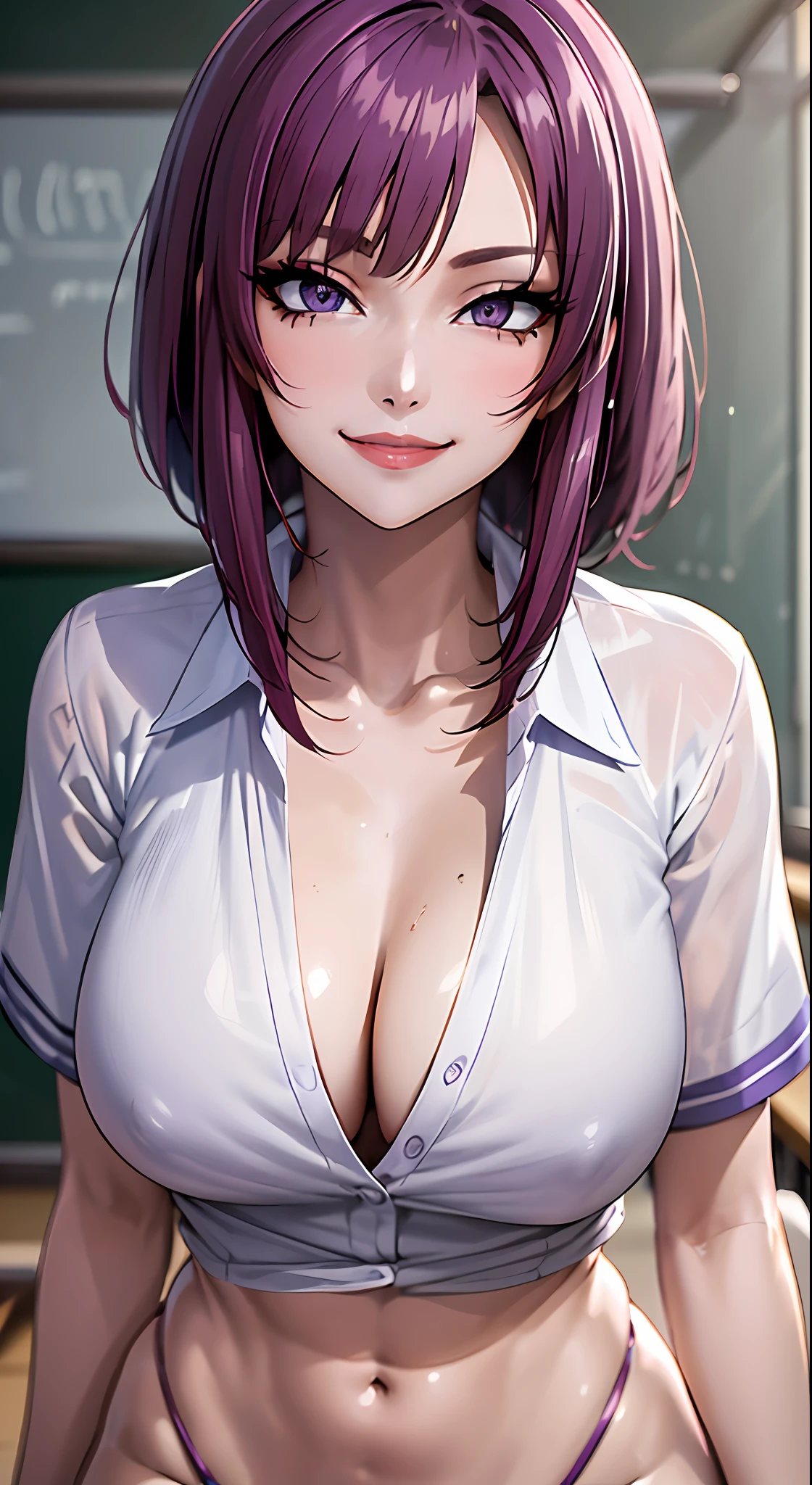 purple eyes, (best quality, masterpiece painting:1.3), Oboro, mature female, 26yo, (half body shot:1.3), schoolgirl, school uniform, (happy, smile, caring look:1.5), purple hair, short hair, stacked bob hair, (large breasts:1.2), (narrow waist:1.1), cleavage, perfect body, (athletic body:1.1), soft skin, anime face, perfect face, (perfect eyes:1.3), glowing eyes, purple irises, anime eyes, smoky eyeliner, eyeshadow, asian, looking at viewer, smart, whiteboard background, classroom, sharp focus, intricate details, professional artwork, (vibrant colors:1.1), vivid colors, Diffused lighting, digital blending, ultra detailed body, ultra detail hair, ultra detail face, trending on pixiv, top button opened,