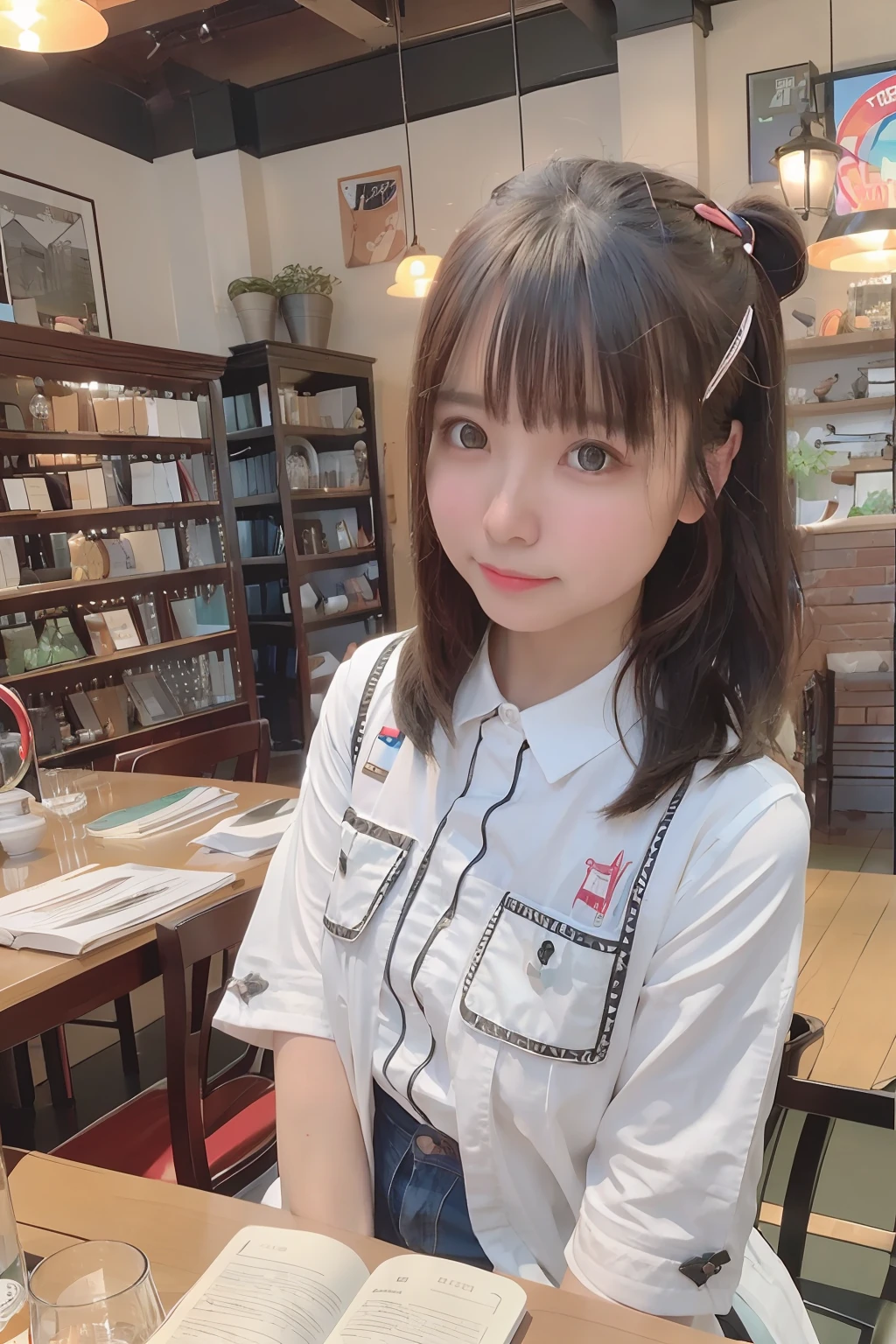 (top-quality、超A high resolution、8k、RAW Photography、UHD:1.2、masterpiece:1.2)、(realisitic、Photorealsitic:1.37)、ultra-detailliert、profetional lighting、photon maping、Radio City、physically-based renderingt、japanes、 1 人、独奏、Dark hair、cute little、great、cute、Light smile、Normal breasts、Looking at the camera、The upper part of the body、A library full of books