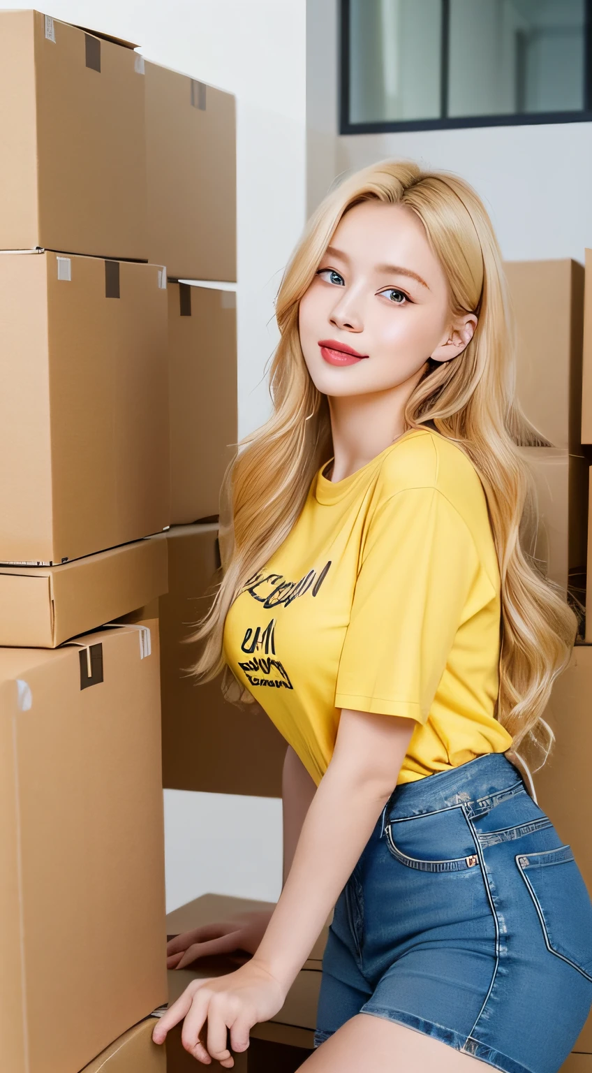 Best quality, 8K, masterpiece 1:2. A beautiful girl with yellow Tshirt "BeeVN", jeans (Alluring figure), blonde hair, ocean blue eyes, high nose, luscious red lips, and a captivating smile. holding documents. many boxes and documents. Post office. ultra-detailed face, detailed lips, detailed eyes