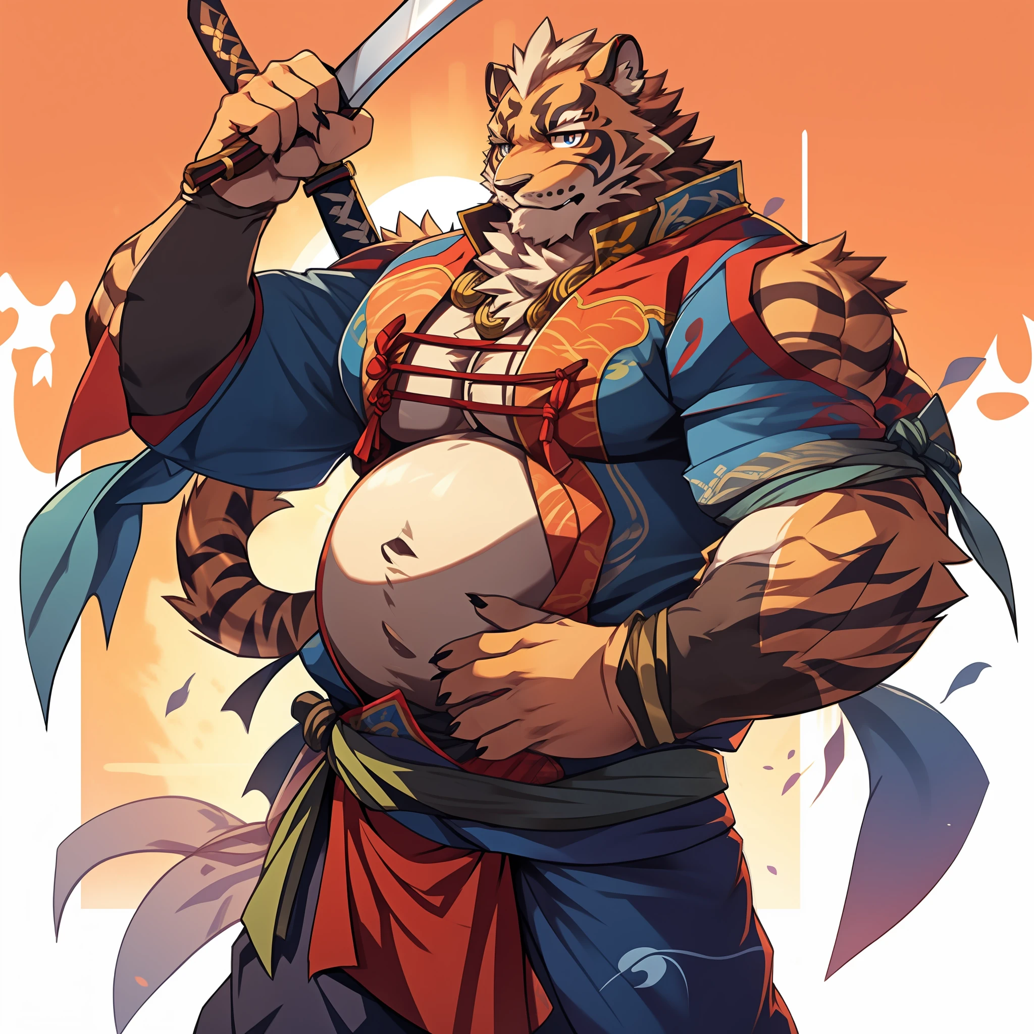 Lin Hu,musculature,tit,Fat Chubby,Wear a katana,potbelly,Plump and firm,Huge protrusions on the lower body,Wear a katana,Samurai style,carrying swords on his back,Five fingers,byself,Put your hands in your pockets