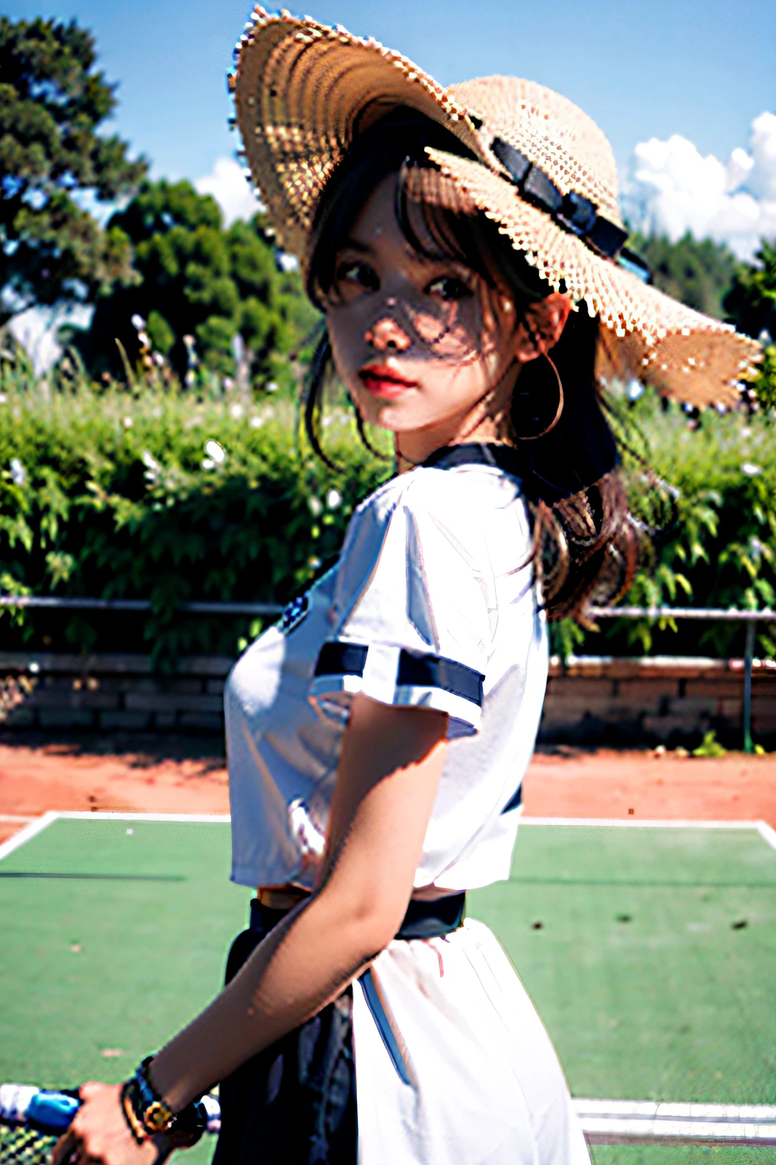 (closeup cleavage:1.5),(sface focus:2),(???? ???styled:1.5),
((Lateral face:2)),(1女孩被soft_light:1.5包围),(The light from the back window is backlighted:1.8),(illuminating),(Flowing fabric:1.3),((Floral_summer_dress:1.5),(Straw_hat:1.3)),
(tmasterpiece), realisticlying, HDR, highly detailed, 8k, RAW photogr,
Environmental occlusion,naturey,Harmonious composition,a warm color palette,fine art photography,tmasterpiece,4k, 8k,best qualtiy,high high quality,A high resolution,best qualtiy,digital SLR camera,highest details, extremy detailed, ultra - detailed, finedetail, realskin, exquisitefacialfeatures, detailed faces and eyes,realistic pupil,18 years old beautiful girl,Full body photo(1:1),One guy,Sporty wind,Women's tennis wear,Casual hairstyle,Motion-making,perfect bodies,tennis court,The expression is casual,Pure and beautiful