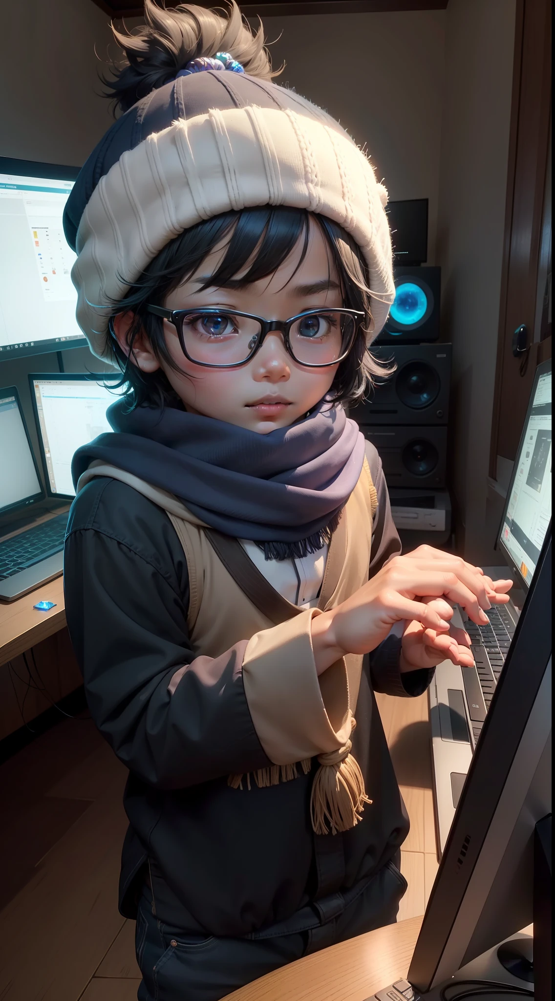 In the style of Ghibli Animation, Joko indonesian young boy with black hair and big brown eyes wearing glasses and scarf and beanie, looks hyper active, wise, surrounded by different computer screens and gadgets, childhood story picture well loved and appreciated, indigo child. interacting with the surrounding, Broken Glass effect, no background, stunning, something that even doesn't exist, mythical being, energy, molecular, textures, iridescent and luminescent scales, breathtaking beauty, pure perfection, divine presence, unforgettable, impressive, breathtaking beauty, Volumetric light, auras, rays, vivid colors reflects