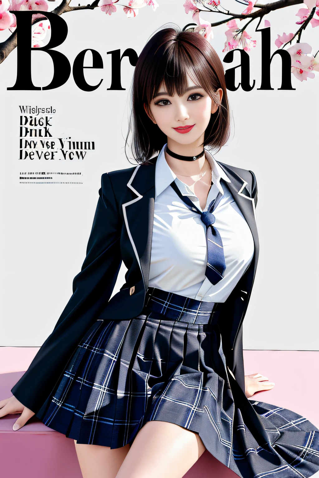 masterpiece, best quality, full body, 1girl, bangs, black choker, black necktie, black hair, blue skirt, blush, bracelet, breasts, choker, clothes around waist, collarbone, collared shirt, cowboy shot, dress shirt, ear piercing, eyebrows visible through hair, gradient hair, grin, gyaru, jewelry, kogal, long hair, looking at viewer, loose necktie, necktie, piercing, plaid, plaid skirt, pleated skirt, red eyes, ring, school uniform, shirt, skirt, smile, solo, white shirt, street, sky, cherry blossoms, petals,illustration, (magazine:1.3), (cover-style:1.3), fashionable, woman, vibrant, outfit, posing, front, colorful, dynamic, background, elements, confident, expression, holding, statement, accessory, majestic, coiled, around, touch, scene, text, cover, bold, attention-grabbing, title, stylish, font, catchy, headline, larger, striking, modern, trendy, focus, fashion,