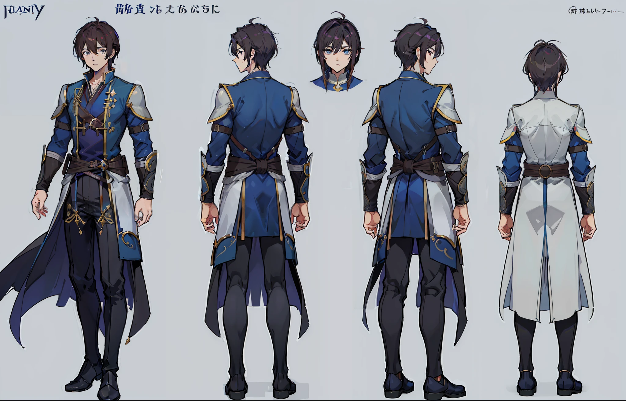 1人, reference sheet, (Fantasy character design, Front, back, Side) Manly, Mage, Magic User, Broad shoulders, Tall, lean athletic build. magical blue eyes, long and dark brown hair, neatly kept. flowing runic robes.