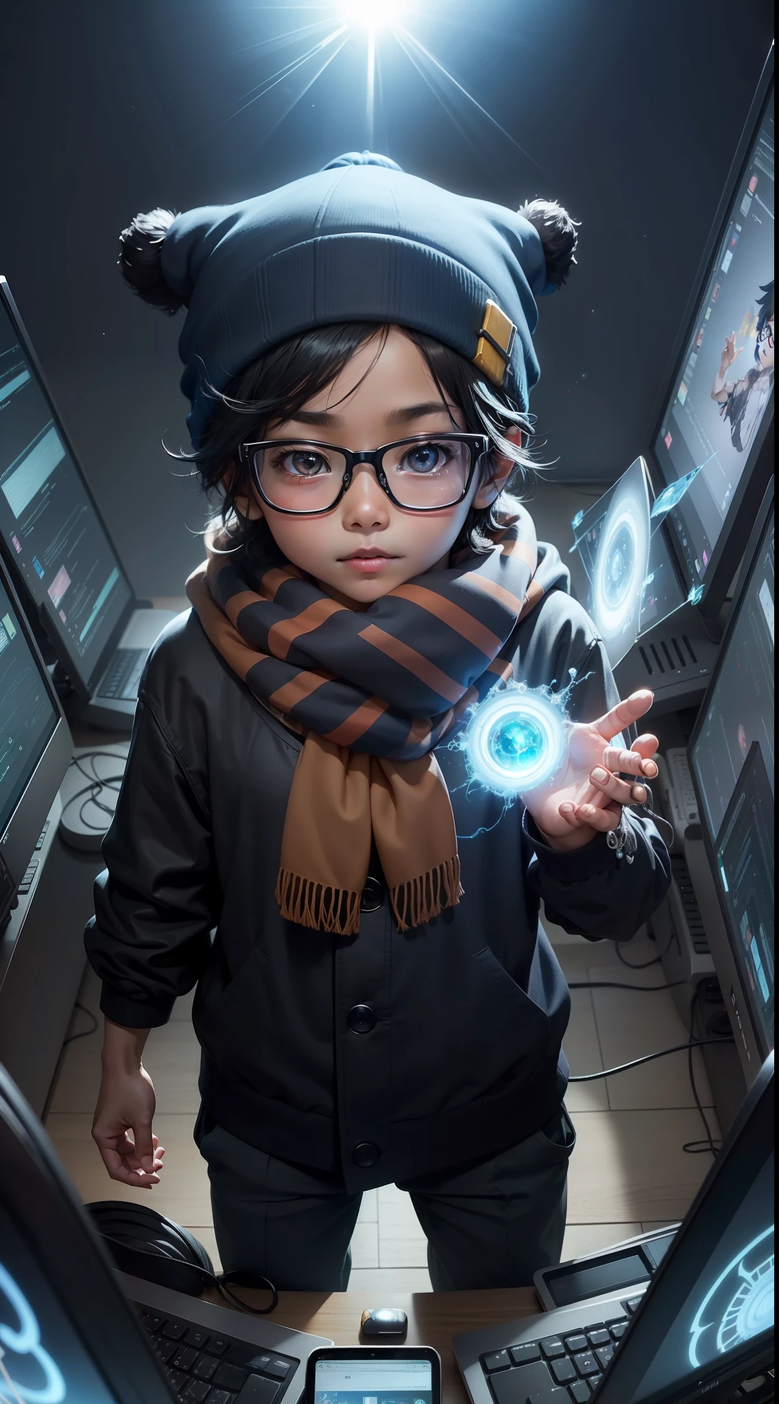 In the style of Ghibli Animation, Joko indonesian young boy with black hair and big brown eyes wearing glasses and scarf and beanie, looks hyper active, wise, surrounded by different computer screens and gadgets, childhood story picture well loved and appreciated, indigo child. interacting with the surrounding, Broken Glass effect, no background, stunning, something that even doesn't exist, mythical being, energy, molecular, textures, iridescent and luminescent scales, breathtaking beauty, pure perfection, divine presence, unforgettable, impressive, breathtaking beauty, Volumetric light, auras, rays, vivid colors reflects
