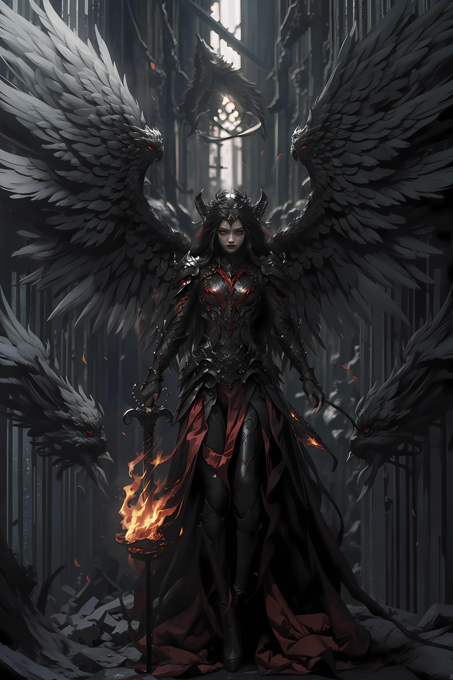 (extremely detailed CG unity 8k wallpaper,masterpiece, best quality, ultra-detailed, beautiful detailed eyes:1.2),best illumination, (best shadow, an extremely delicate and beautiful, bloom),
1gril,solo,red eyes,Heavy armor,long hair,holding sword,Angel wings,black wings,red jewelry,(big wings:1.4),Film filter,Satan, Hellfire,full body,demon,flame,