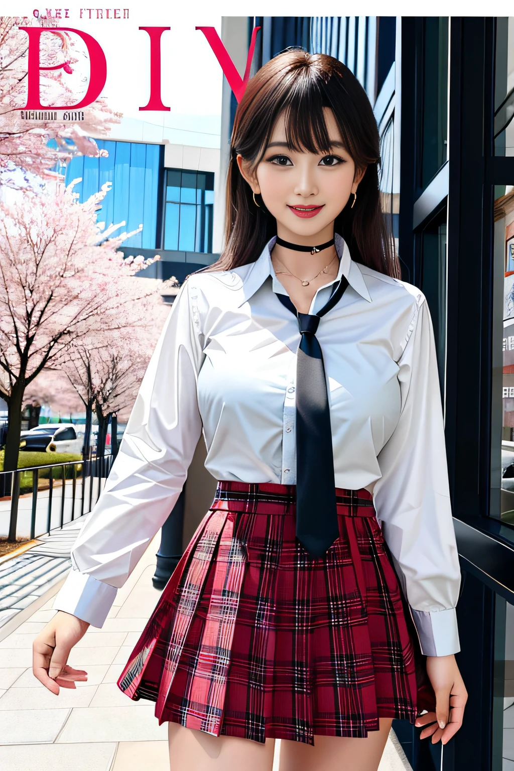 masterpiece, best quality, full body, 1girl, bangs, black choker, black necktie, black hair, blue skirt, blush, bracelet, breasts, choker, clothes around waist, collarbone, collared shirt, cowboy shot, dress shirt, ear piercing, eyebrows visible through hair, gradient hair, grin, gyaru, jewelry, kogal, long hair, looking at viewer, loose necktie, necktie, piercing, plaid, plaid skirt, pleated skirt, red eyes, ring, school uniform, shirt, skirt, smile, solo, white shirt, street, sky, cherry blossoms, petals,illustration, (magazine:1.3), (cover-style:1.3), fashionable, woman, vibrant, outfit, posing, front, colorful, dynamic, background, elements, confident, expression, holding, statement, accessory, majestic, coiled, around, touch, scene, text, cover, bold, attention-grabbing, title, stylish, font, catchy, headline, larger, striking, modern, trendy, focus, fashion,
