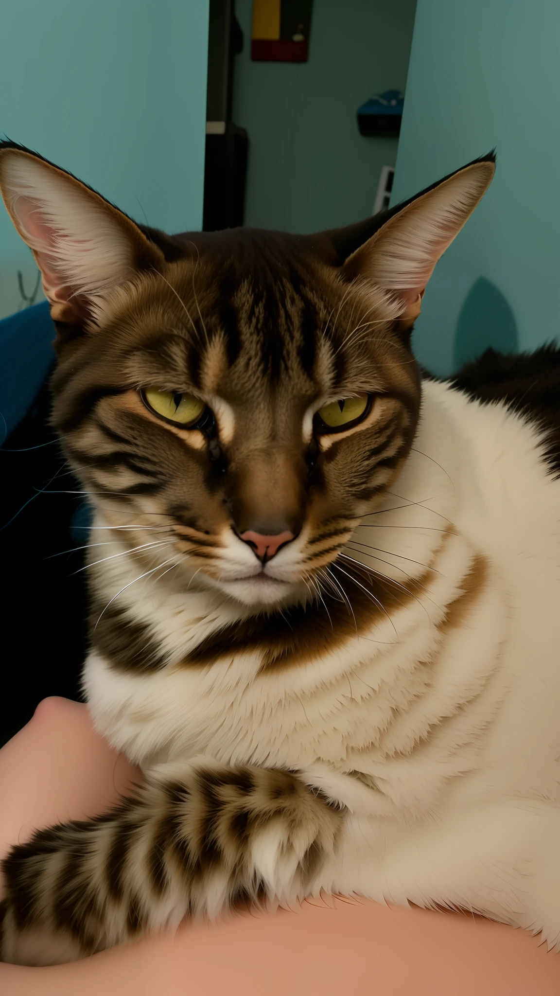 there is a cat that is lying on a person's lap, Scowling, Carrancudo, screaming at the camera, angry looking at camera, Looking towards the camera, um rosto indiferente, with serious face expression, serious and stern expression, Fotografia de Abril, looking intensely at the camera, gato zangado, olhar severo, irritado