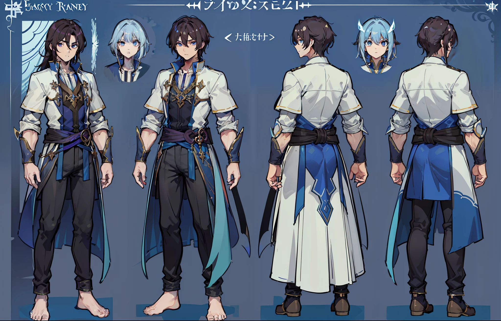 1人, reference sheet, (Fantasy character design, Front, back, Side) Manly, Mage, Magic User, Broad shoulders, Tall, lean athletic build. magical blue eyes, long and dark brown hair, neatly kept. flowing runic robes.