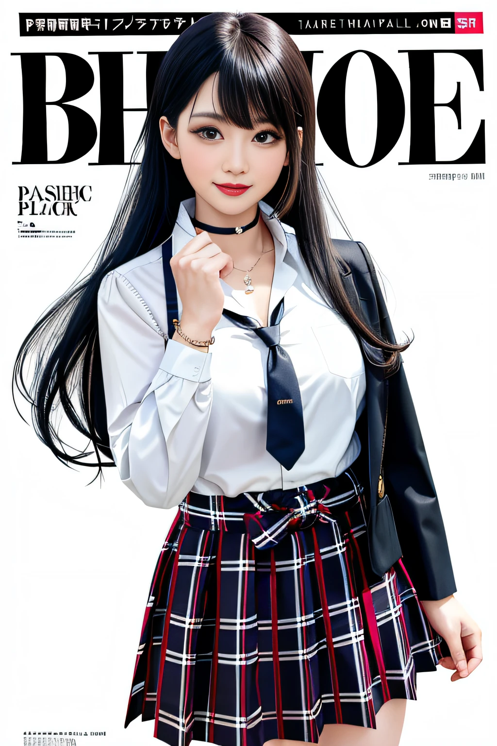 masterpiece, best quality, full body, 1girl, bangs, black choker, black necktie, black hair, blue skirt, blush, bracelet, breasts, choker, clothes around waist, collarbone, collared shirt, cowboy shot, dress shirt, ear piercing, eyebrows visible through hair, gradient hair, grin, gyaru, jewelry, kogal, long hair, looking at viewer, loose necktie, necktie, piercing, plaid, plaid skirt, pleated skirt, red eyes, ring, school uniform, shirt, skirt, smile, solo, white shirt, street, sky, cherry blossoms, petals,illustration, (magazine:1.3), (cover-style:1.3), fashionable, woman, vibrant, outfit, posing, front, colorful, dynamic, background, elements, confident, expression, holding, statement, accessory, majestic, coiled, around, touch, scene, text, cover, bold, attention-grabbing, title, stylish, font, catchy, headline, larger, striking, modern, trendy, focus, fashion,