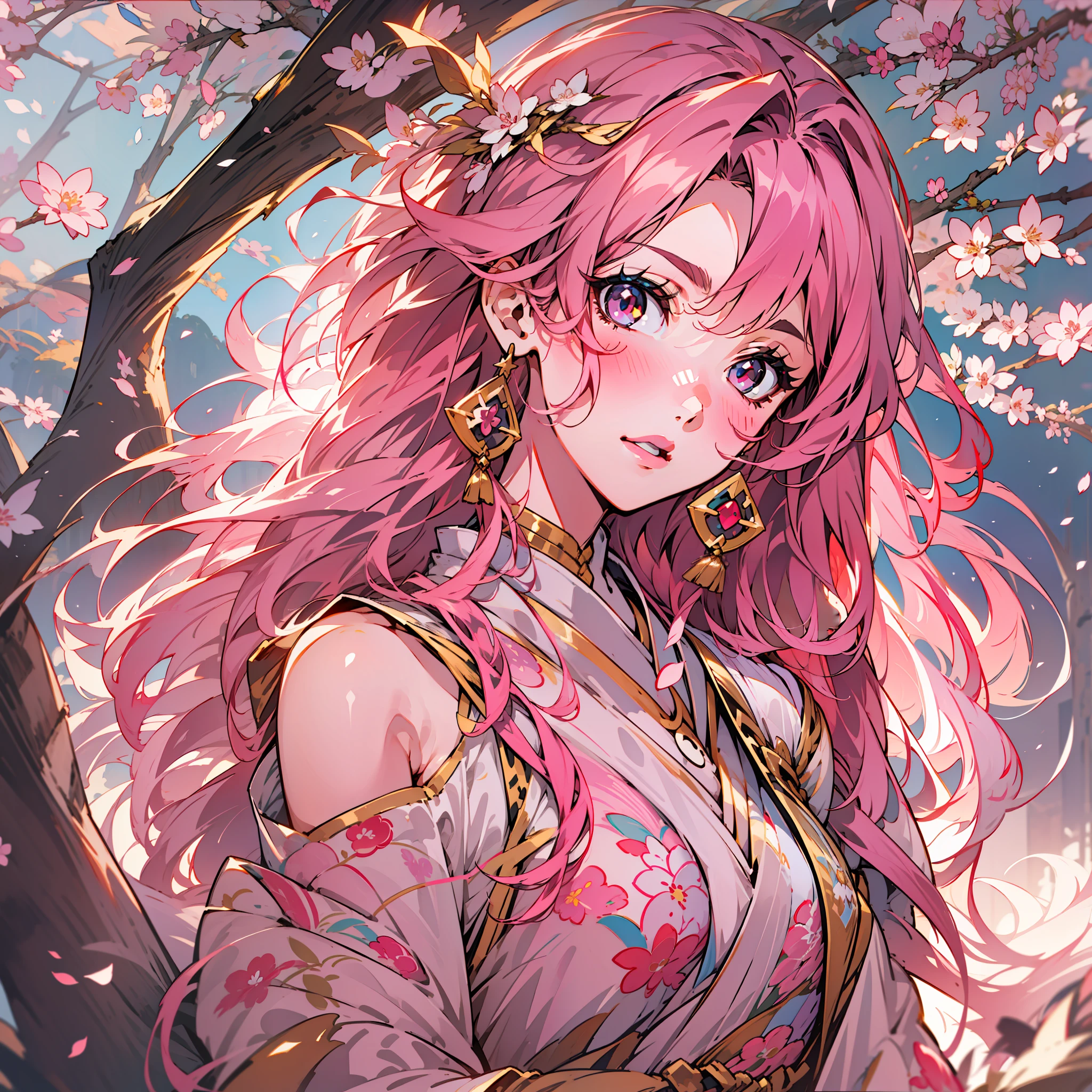 red pupils，Pink long hair，Priestess clothing, Priestess, red kimono，Dull hair，Stand up，Big hazy eyes，Facial details are exquisite，Impeccable，Slightly rosy，8K, Masterpiece, 1 girl, nakeness, Light pink lips, calm, Logical, Knife fan,Delicate face,dishiveredhair，Stunning anime face portrait，独奏，nigh sky，exteriors，themoon，As estrelas，​​clouds，ventania，cleavage, (detailed boobs:1.2), Small size chest, (Slim waist:1.1), (Slim legs:1.1), The stands up，Long dancing hair,starrysky，the night，Beautiful hair，Fantastic cherry blossom tree，Dream like ( Ambient lighting), Dreamy, Fantastic, (Solo: 1.2), Sparkling, petals dancing,