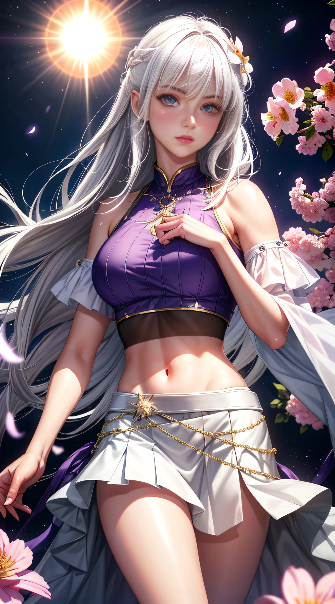 realistic, 1girl, white hair, purple eyes, glowing eyes, crop top, skirt, parted lips, blush, night, flowers, sun, sunlight,