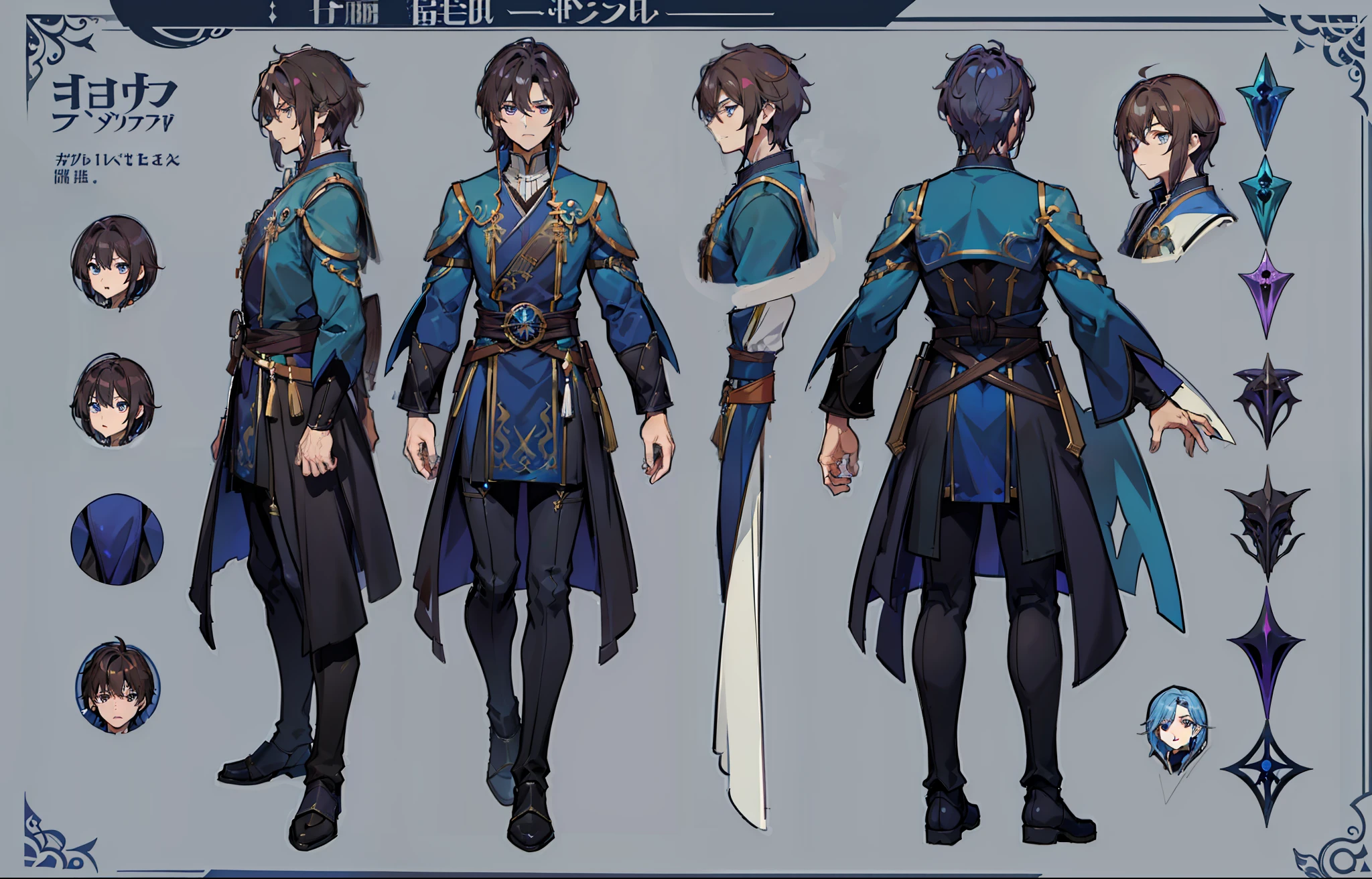 1人, reference sheet, (Fantasy character design, Front, back, Side) Manly, Mage, Magic User, Broad shoulders, Tall, lean athletic build. magical blue eyes, long and dark brown hair, neatly kept. flowing runic robes.