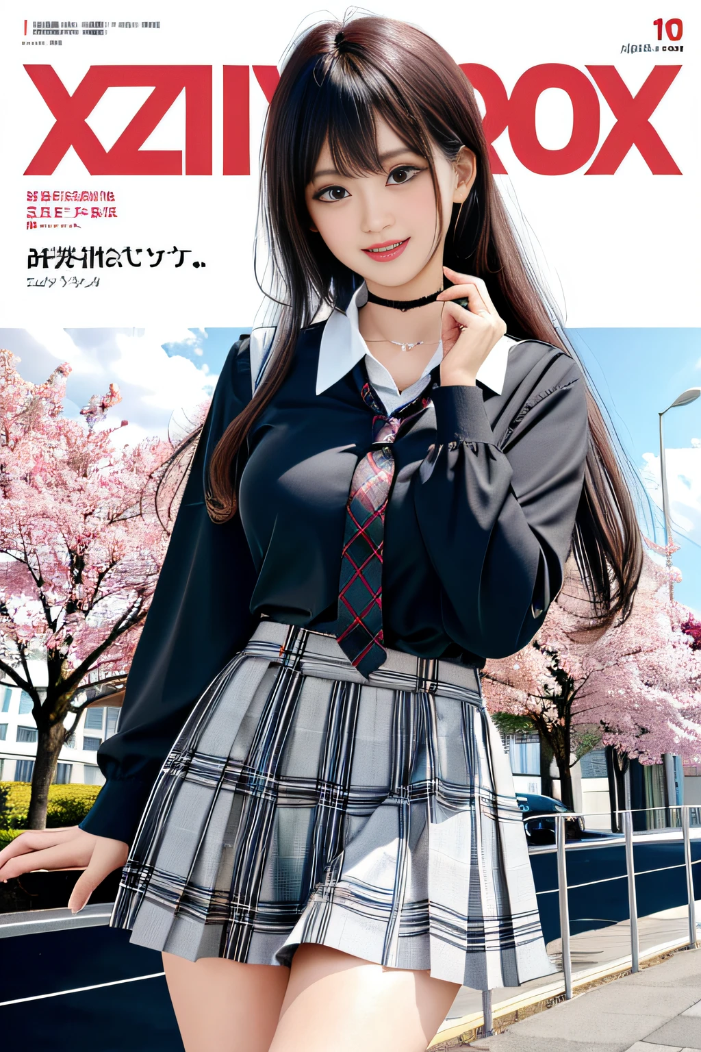 masterpiece, best quality, full body, 1girl, bangs, black choker, black necktie, black hair, blue skirt, blush, bracelet, breasts, choker, clothes around waist, collarbone, collared shirt, cowboy shot, dress shirt, ear piercing, eyebrows visible through hair, gradient hair, grin, gyaru, jewelry, kogal, long hair, looking at viewer, loose necktie, necktie, piercing, plaid, plaid skirt, pleated skirt, red eyes, ring, school uniform, shirt, skirt, smile, solo, white shirt, street, sky, cherry blossoms, petals,illustration, (magazine:1.3), (cover-style:1.3), fashionable, woman, vibrant, outfit, posing, front, colorful, dynamic, background, elements, confident, expression, holding, statement, accessory, majestic, coiled, around, touch, scene, text, cover, bold, attention-grabbing, title, stylish, font, catchy, headline, larger, striking, modern, trendy, focus, fashion,