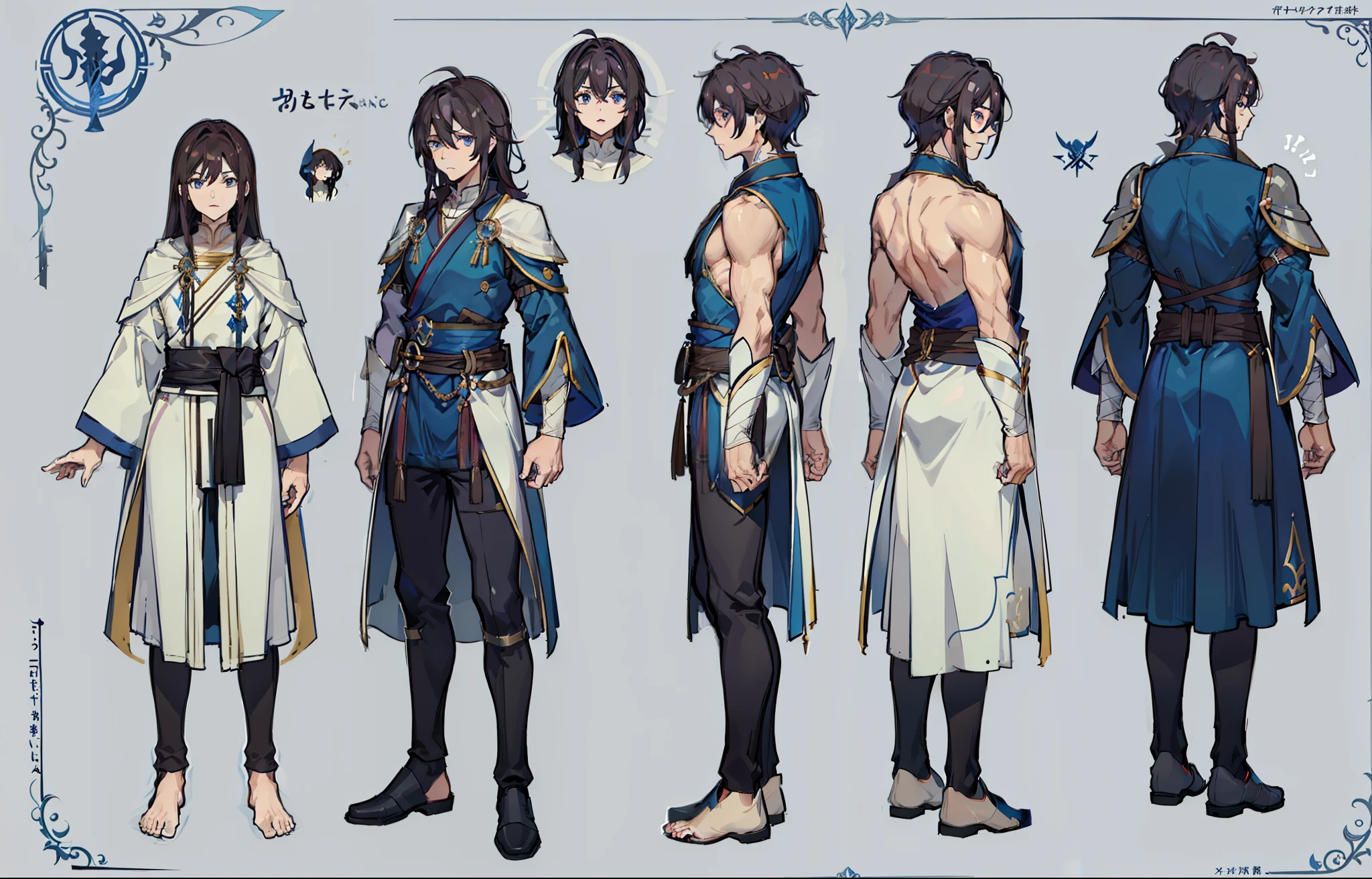 1人, reference sheet, (Fantasy character design, Front, back, Side) Manly, Mage, Magic User, Broad shoulders, Tall, lean athletic build. magical blue eyes, long and dark brown hair, neatly kept. flowing runic robes.