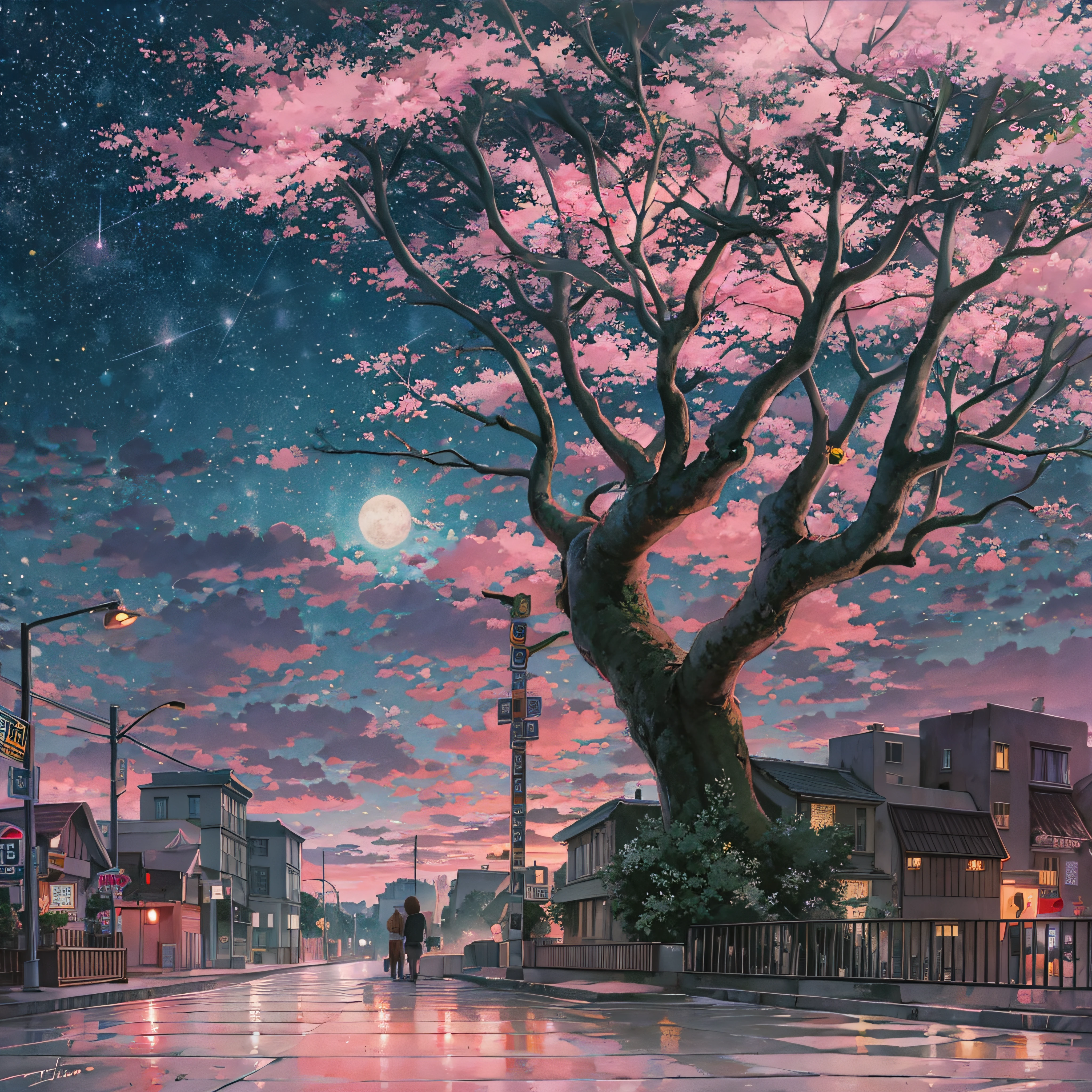 octans、Skysky、stele（Skysky）、landscapes、starrysky、natta、nigh sky、独奏、plein air、Signature、buliding、​​clouds、milkyway、sitting on、The tree、street、silhuette、A city scape、Pink light、Deities々Right