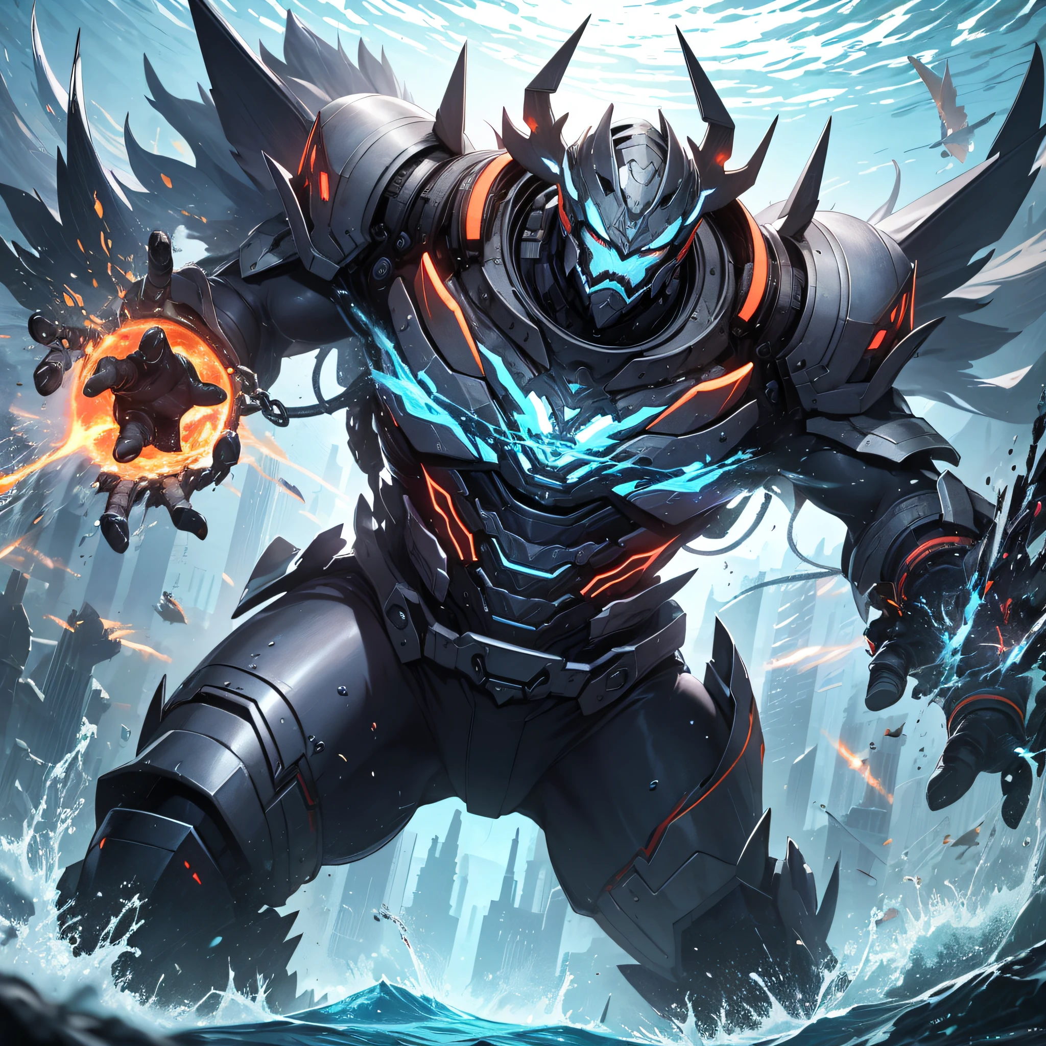 Ridiculous resolution，A high resolution，（tmasterpiece：1.4），Hyper-detailing，Underwater world，Blue mechanical titan giant，charging up，advance，swimmning，combat state，shock，blasts，Red，Dodge action（1.3），blasts
