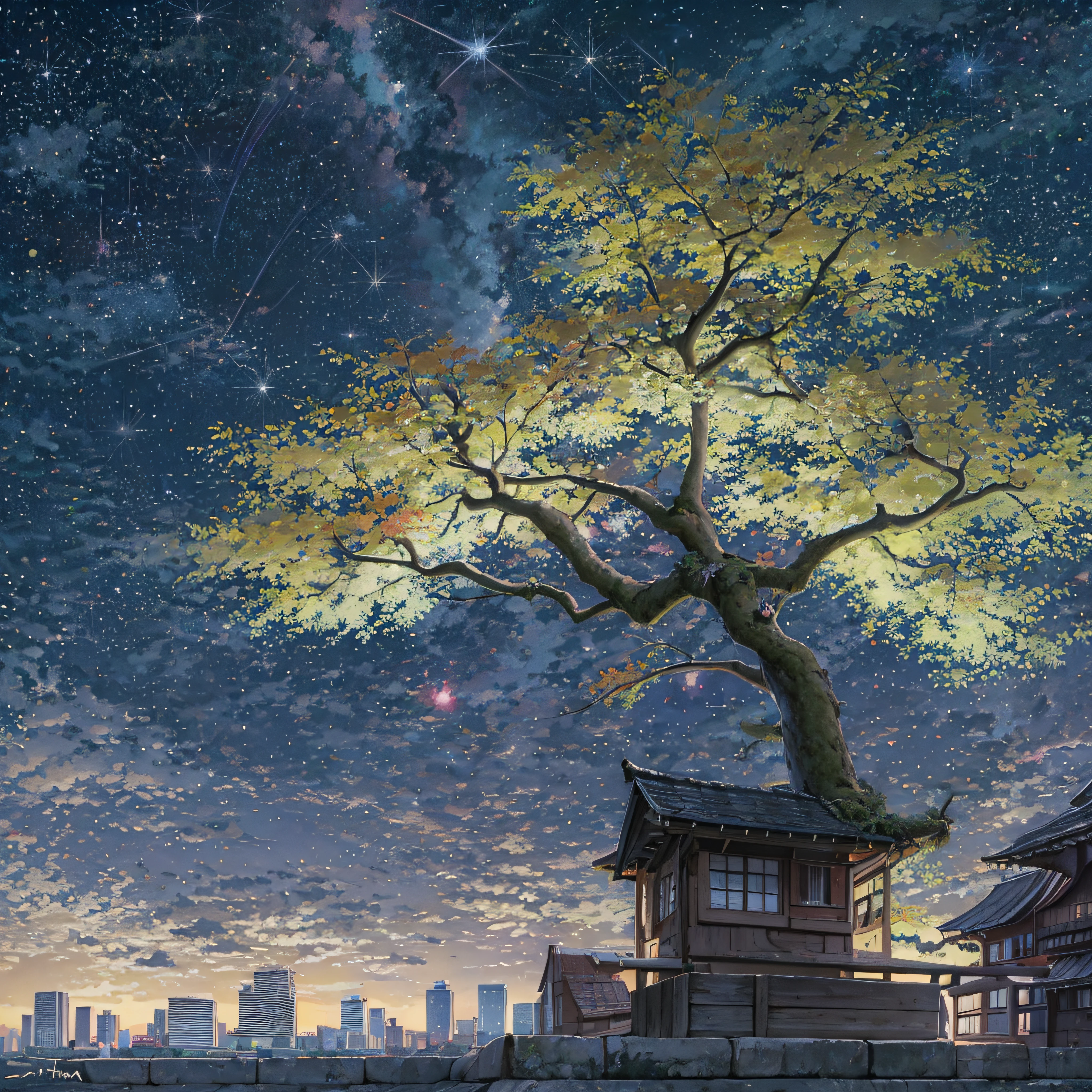 octans、Skysky、stele(Skysky)、landscapes、starrysky、natta、nigh sky、独奏、plein air、Signature、buliding、clouds、milkyway、sitting on、The tree、street、silhuette、A city scape、Pink light、Deities々Right