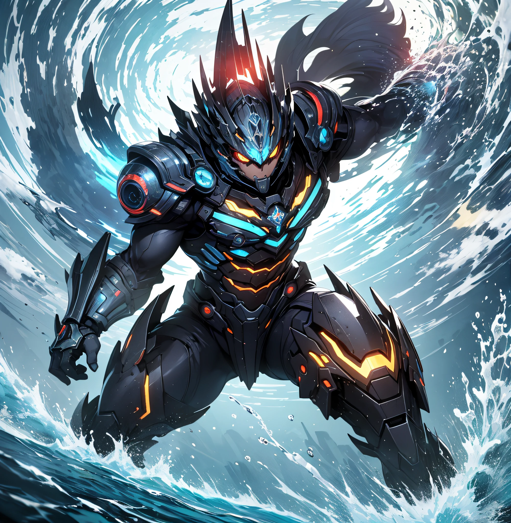 Ridiculous resolution,A high resolution,(tmasterpiece:1.4),Hyper-detailing,Underwater world,Blue mechanical titan giant,charging up,advance,swimmning,combat state,shock,blasts,Red,Dodge action(1.3),blasts