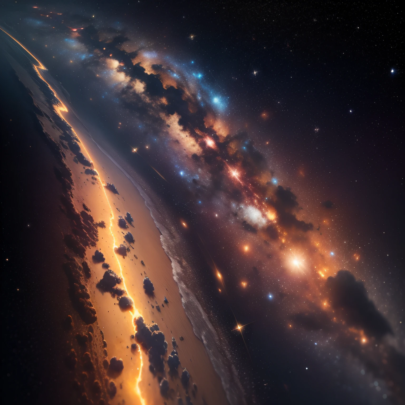 (((obra-prima))), realista, 4k, alto detalhamento, widescreen, 16:9, hd, distance line, Via Lactea to Andromeda, distance traveled between the two galaxies, Clearly visible yellow line