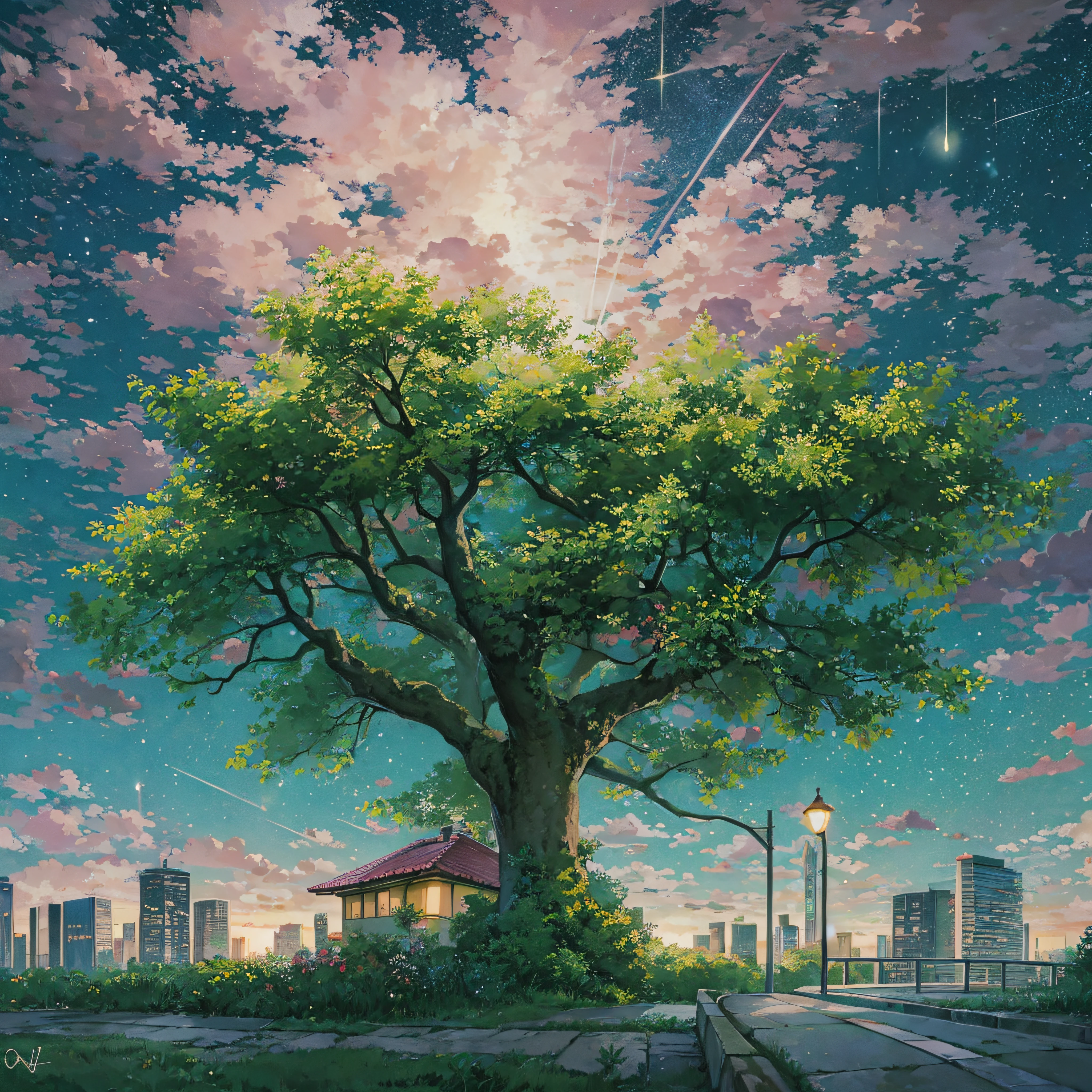 octans、Skysky、stele(Skysky)、landscapes、starrysky、natta、nigh sky、独奏、plein air、Signature、buliding、clouds、milkyway、sitting on、The tree、street、silhuette、A city scape、Pink light、Deities々Right