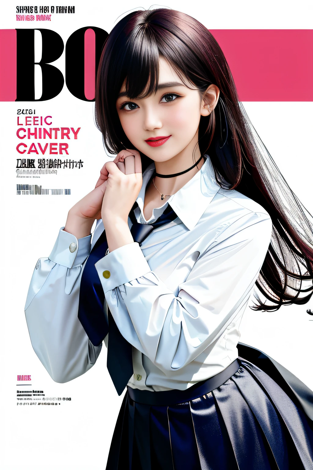 masterpiece, best quality, full body, 1girl, bangs, black choker, black necktie, black hair, blue skirt, blush, bracelet, breasts, choker, clothes around waist, collarbone, collared shirt, cowboy shot, dress shirt, ear piercing, eyebrows visible through hair, gradient hair, grin, gyaru, jewelry, kogal, long hair, looking at viewer, loose necktie, necktie, piercing, plaid, plaid skirt, pleated skirt, red eyes, ring, school uniform, shirt, skirt, smile, solo, white shirt, street, sky, cherry blossoms, petals,illustration, (magazine:1.3), (cover-style:1.3), fashionable, woman, vibrant, outfit, posing, front, colorful, dynamic, background, elements, confident, expression, holding, statement, accessory, majestic, coiled, around, touch, scene, text, cover, bold, attention-grabbing, title, stylish, font, catchy, headline, larger, striking, modern, trendy, focus, fashion,