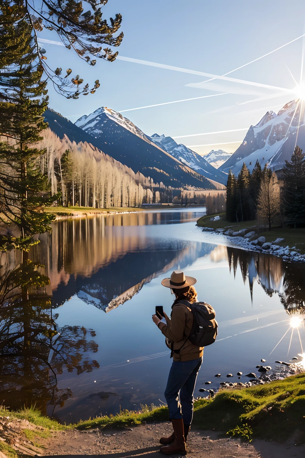 ((selfie corps entier, heureux)), belle jeune fille, 20 ans, master piece, beste-Qualit, Ultra-detailed, seule, outdoor, (twilight), montagnes, nature, joyeux, backpack, sac de couchage, camping stove, Bottle of water, bottes de montagne, Court court, soutien-gorge, chapeau, lampe de poche, woods, rochers, river, bois, smoke, ombres, contraste, ciel clair, style analogique (Regardez le spectateur: 1.2) (texture de la peau) (grain du film: 1.3), (teinte chaude, ton chaud) :1.2), gros plan, Kinematic light, side lighting, ultra highres, meilleure ombre, .RAW, corps entier