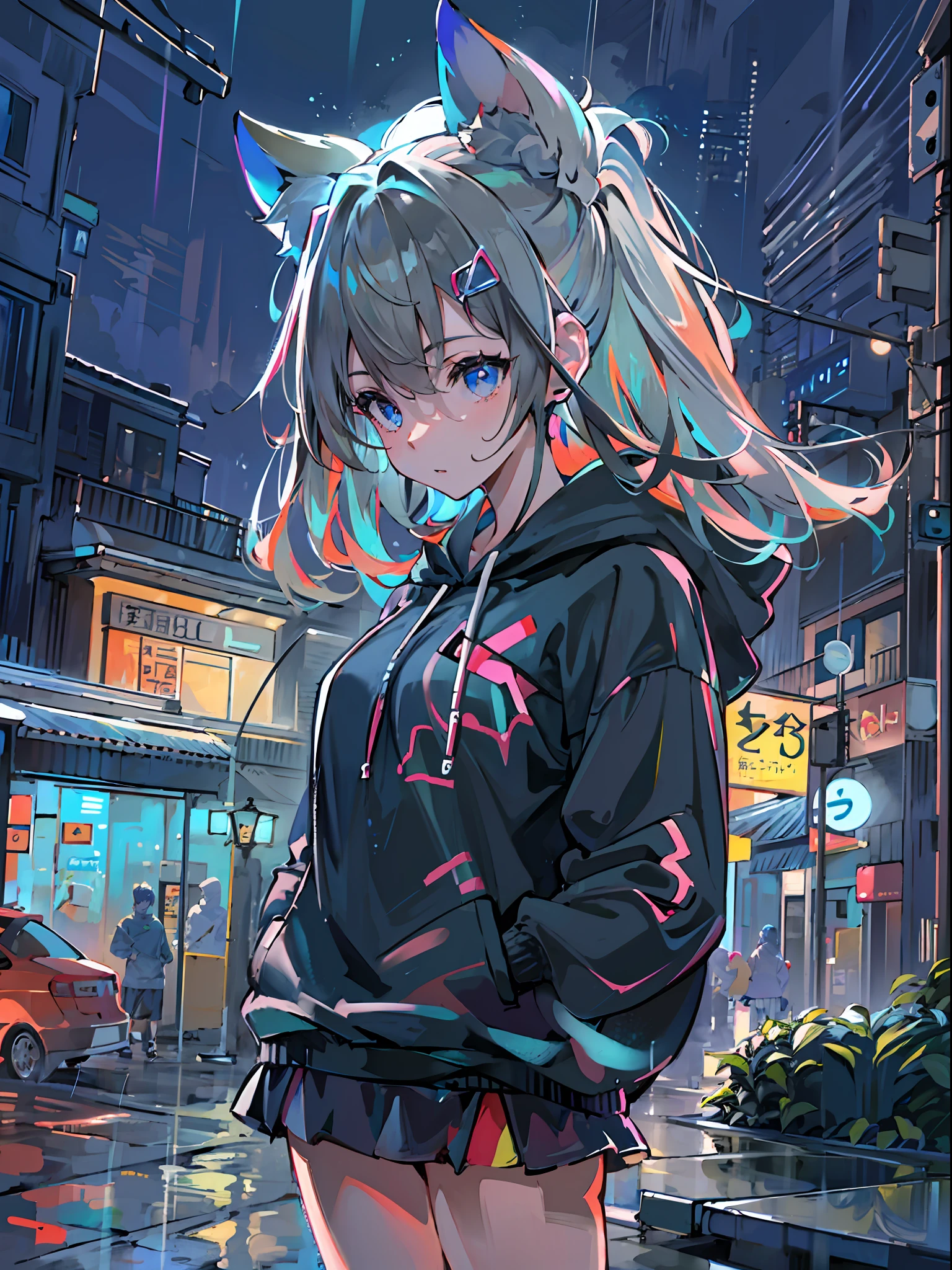 8K分辨率、((top-quality))、((masterpiece))、((ultra-detailliert))、1 woman、独奏、incredibly absurdness、Oversized hoodies、headphones、Street、plein air、Rain at night、neons、Shortcut Hair、Brightly colored eyes、Hands in pockets、a miniskirt、water dripping