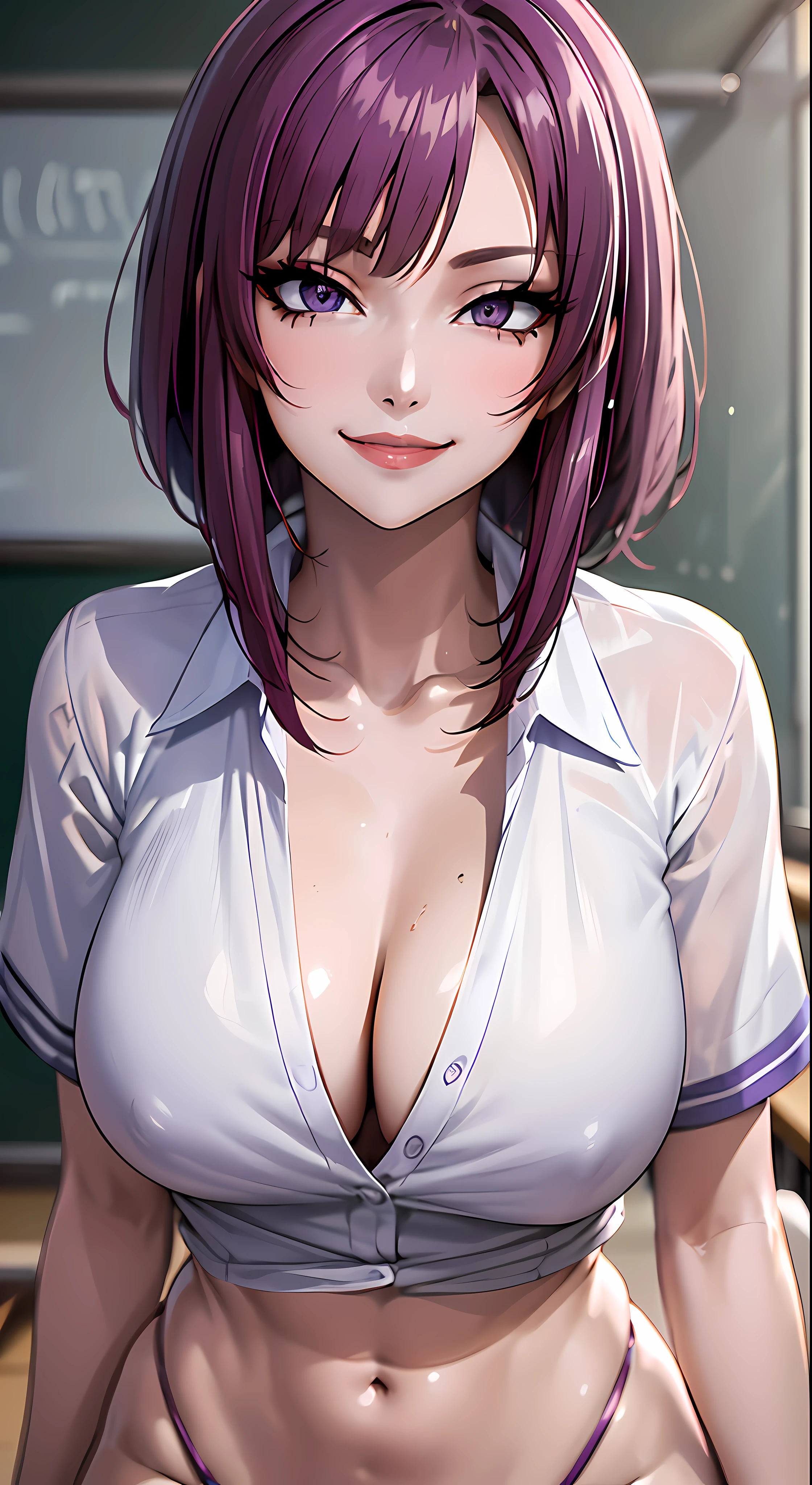 purple eyes, (best quality, masterpiece painting:1.3), Oboro, mature female, 26yo, (half body shot:1.3), schoolgirl, school uniform, (happy, smile, caring look:1.5), purple hair, short hair, stacked bob hair, (:1.2), (narrow waist:1.1), cleavage, perfect body, (athletic body:1.1), soft skin, anime face, perfect face, (perfect eyes:1.3), glowing eyes, purple irises, anime eyes, smoky eyeliner, eyeshadow, asian, looking at viewer, smart, whiteboard background, classroom, sharp focus, intricate details, professional artwork, (vibrant colors:1.1), vivid colors, Diffused lighting, digital blending, ultra detailed body, ultra detail hair, ultra detail face, trending on pixiv, top button opened,