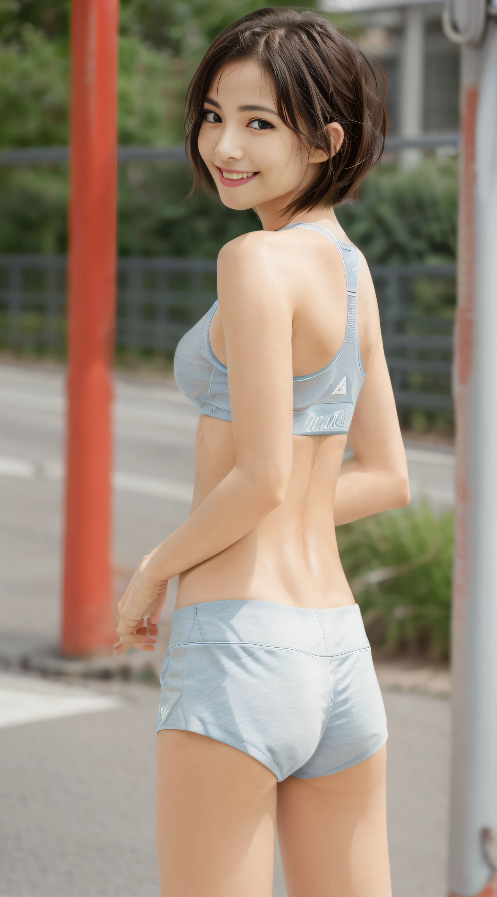 (Highest image quality, Highest image quality, 超A high resolution), (Raw photo, Realism: 1.4), (flat ?????, Small ???????: 1.5), ((Small ???????)), ((Small ???????)), Ultra-high-definition beautiful skin, Super detailed and beautiful face, ((Best Quality, 8K, masutepiece: 1.3)), Sharp Focus: 1.2, thighs thighs thighs thighs, Perfect pretty woman: 1.4, Slender Abs: 1.2, AKB One Girl, Look back, (Layered Haircut, Big: 1.8) , (Sports Bra: 2.0), (Jogging: 1.8), (Street: 1.2), Realistic, Human, Highly detailed face and skin textures, Detailed eyes, Double eyelids, Smile, Bokeh