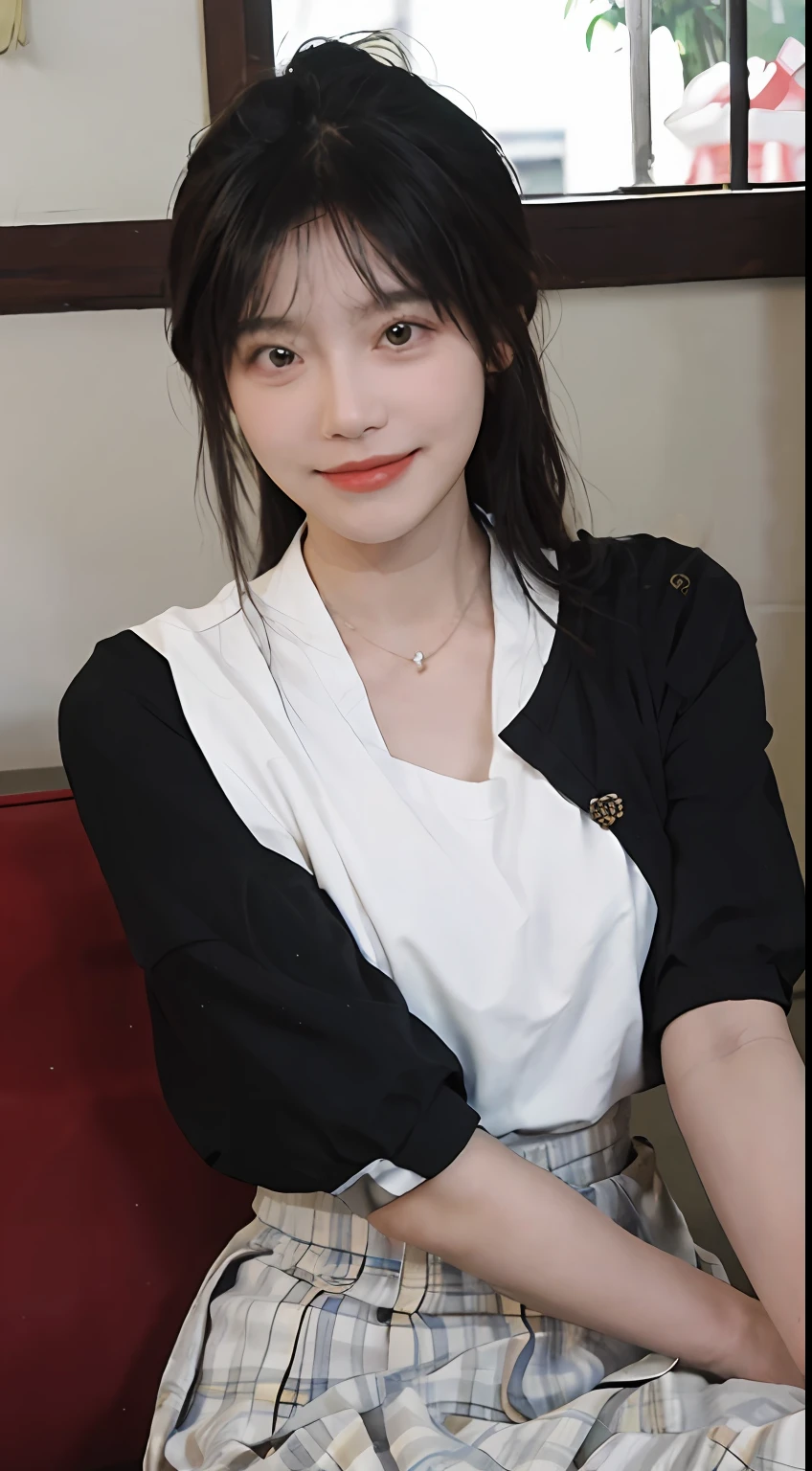 best qualtiy, 超高分辨率, (realisticlying:1.4), Baoyu Girl, Black long straight,A pair of clear and moving peach blossom eyes,Royal Sister,校服,sunshine on face,(choker necklace:1.2),(Fair skin:1.8),a sense of atmosphere,a beauty girl, ssmile,head straight-looking at viewer, closeup cleavage ,(Photorealistic:1.4),jk,white shirt,yellow bow,neck bowtie,Yellow skirt,Plaid skirts,pleatedskirt,