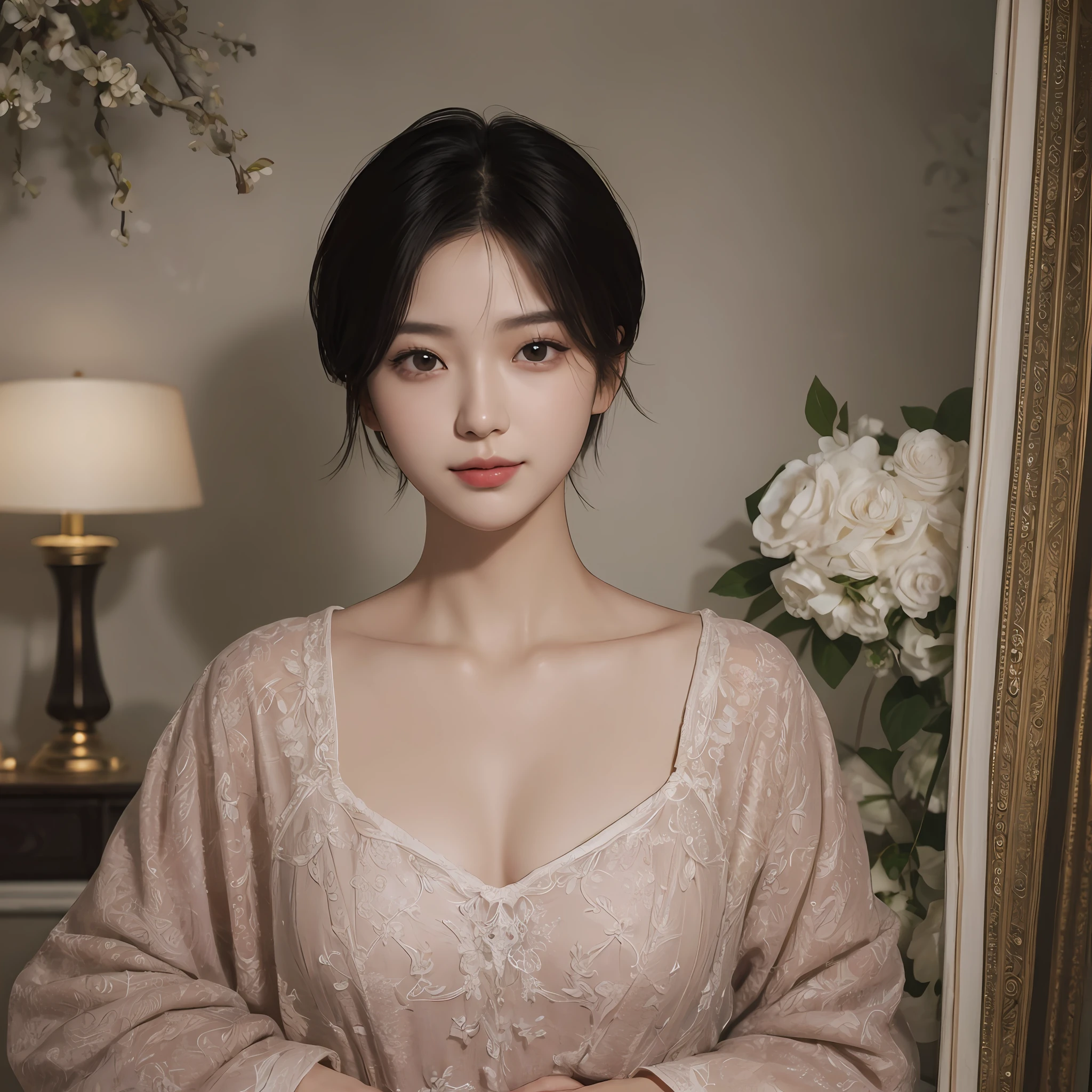 masterpiece、The highest image quality、hightquality、Beautuful Women、japanes、Popular Korean Makeup、detaileds、Swollen eyes、A detailed eye、Detailed skin、Beautiful skins、超A high resolution、(Realistis:1.4)、very extremely beautiful、Slightly younger face、Beautiful skins、thin-waist、(A hyper-realistic)、(illustratio)、(hight resolution)、(8K)、(ighly detailed)(The best illustrations)、(beautifully detailed eyes)、(ultra-detailliert)、(wall-paper)、(详细的脸)、looking at the viewers、fine detailed、 A detailed face、pureerosfaceace_v1、a smile、Looking straight ahead、photos realistic、Bright lighting、profetional lighting、A dark-haired、(((very_short_hair)))、brightly lit room、painterly、picture frame