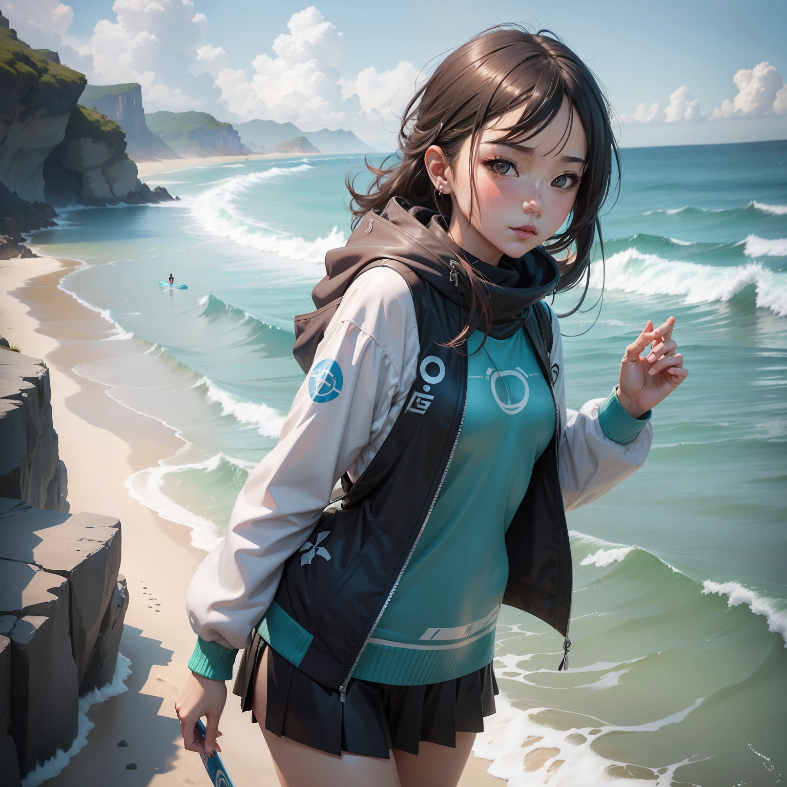 Anime girl posing in sea in bikini with surfboard, Guviz-style artwork, Guweiz on ArtStation Pixiv, Digital anime art, Guweiz in Pixiv ArtStation, advanced digital anime art, Extremely detailed Artgerm, Smooth anime CG art, ross tran. scenery background, Fanart Meilleure ArtStation