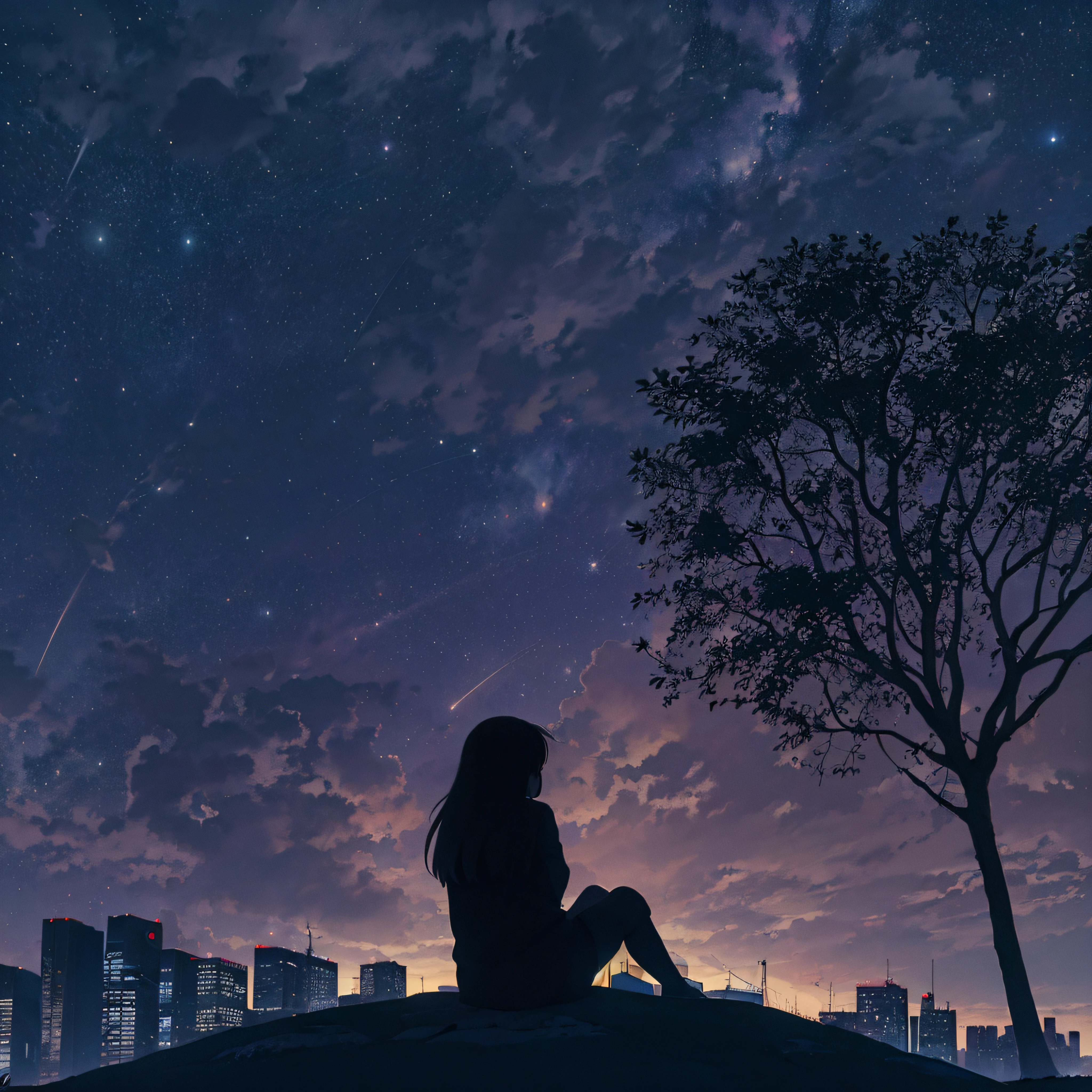 octane, sky, star (sky), landscape, starry sky, night, , night sky, solo, outdoor, signature, building, clouds, milky way, sitting, tree, long hair, city, silhouette, cityscape