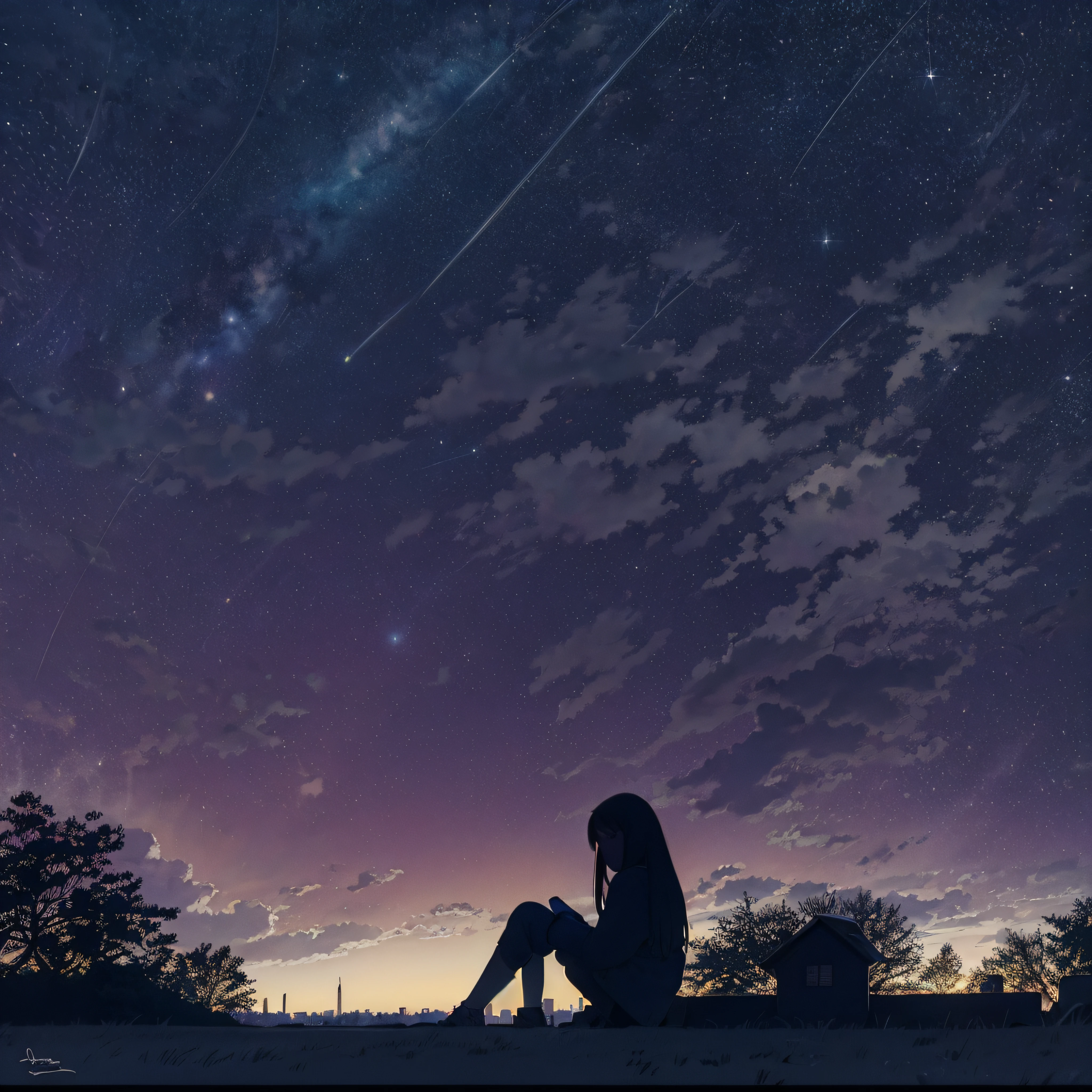 octane, sky, star (sky), landscape, starry sky, night, , night sky, solo, outdoor, signature, building, clouds, milky way, sitting, tree, long hair, city, silhouette, cityscape