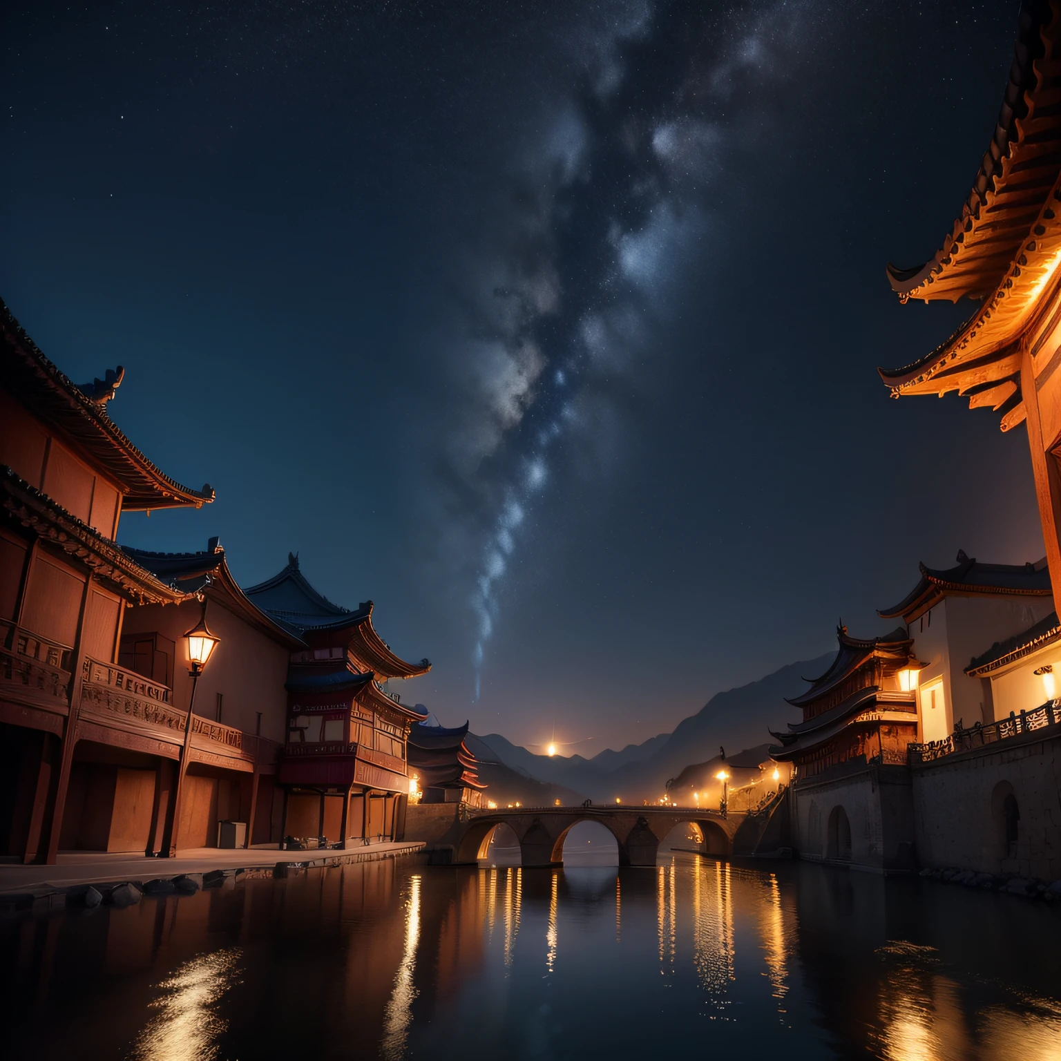 (((obra-prima))), realista, 4k, alto detalhamento, widescreen, 16:9, hd, firmamento, fotografia noturna, night  sky, estrelas, grande muralha, china, Night sky to China