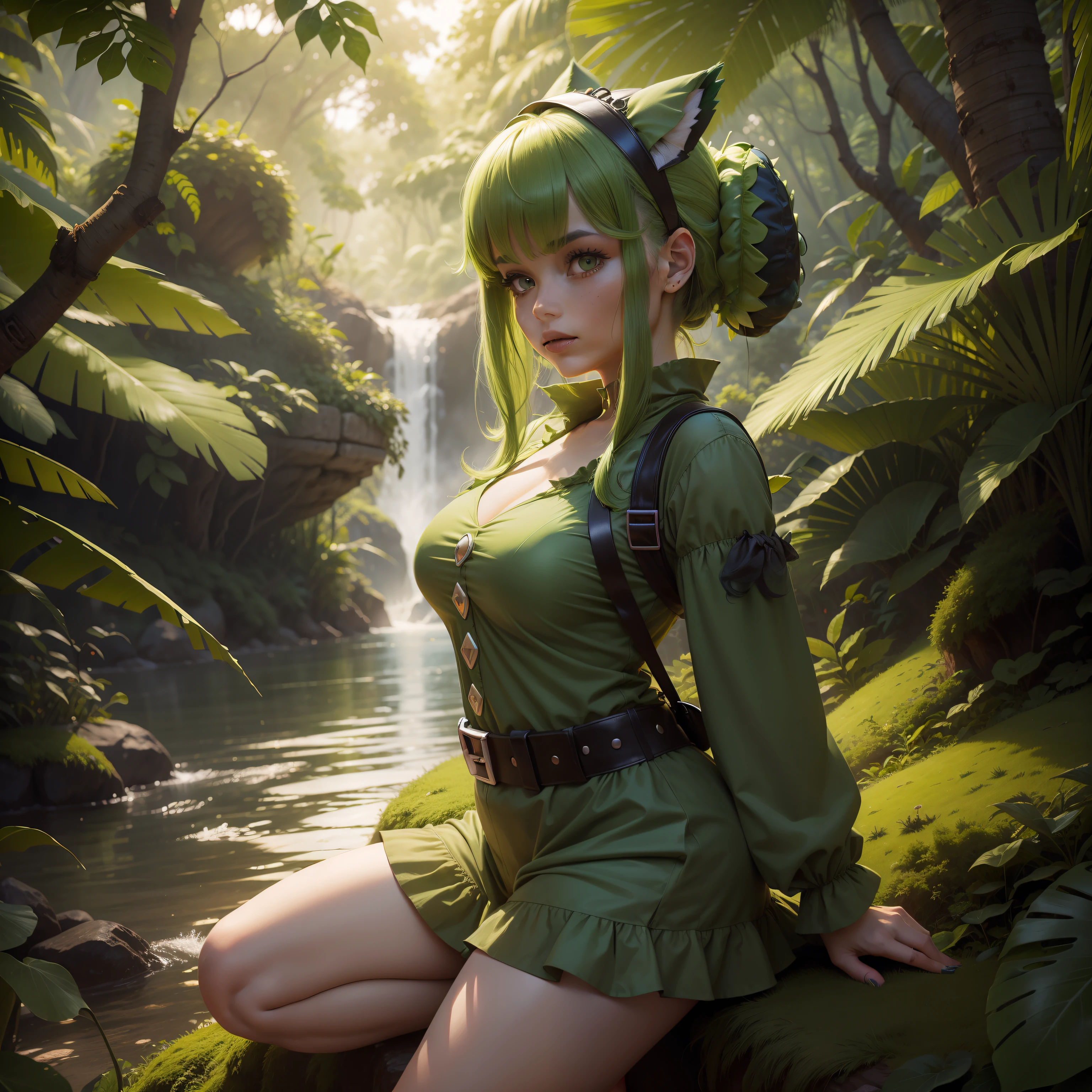 Un llamativo, highly realistic photo of a green-haired woman dressed as a Pokémon bulbasaur, with a vibrant representation of the costume and a backdrop of jungles.