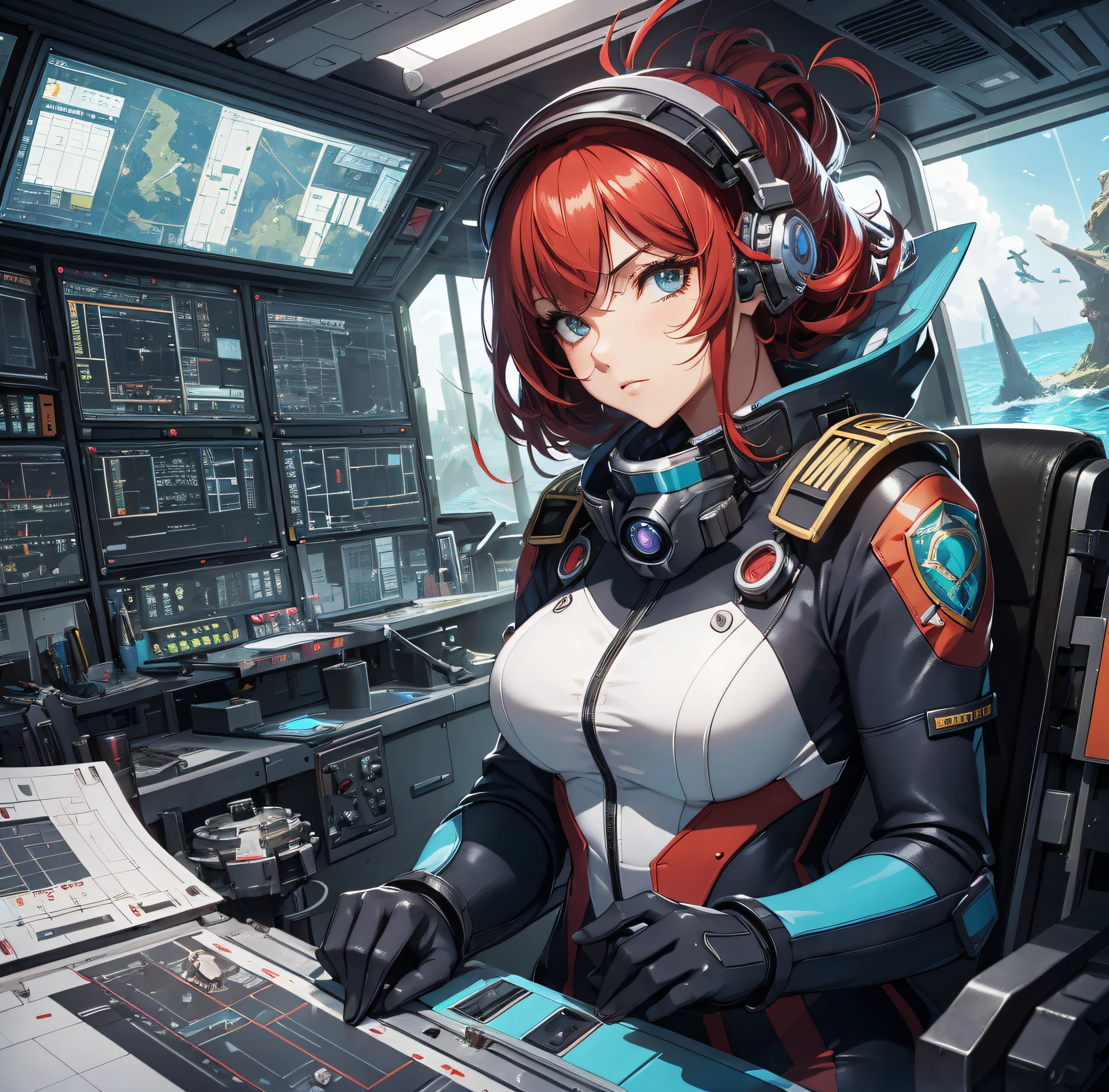 Ridiculous resolution，A high resolution，（tmasterpiece：1.4），Hyper-detailing，1 young woman，pelo rojo corto，pilotsuit，Rich princess，Sitting in an extremely narrow and enclosed mech control room，Operate mechs，Outside the window is the underwater world，The expression is angry，In the deep sea