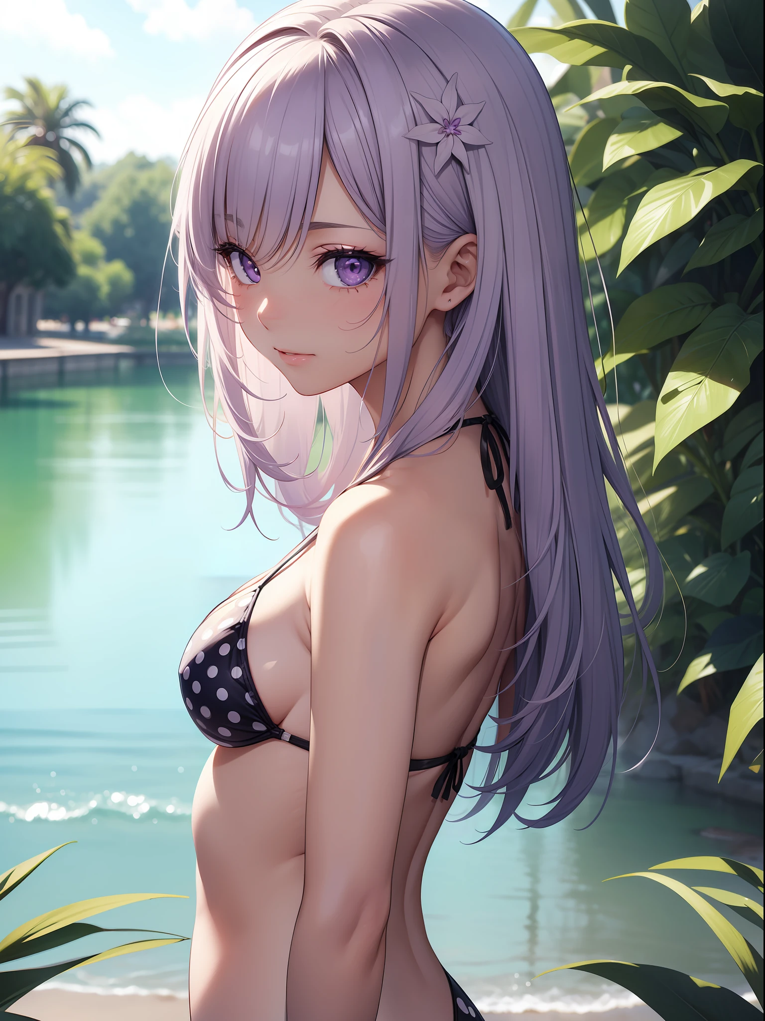 (Top quality ultra-detailed CG art、Polka dot bikini:1.2)Lilac hair、big eye、Cold eyes、Cool Beauty、Mid summer、、Naked shoulders、Watch the viewer from the side、Naughty Girls、natta、Medium Hair、ssmile、