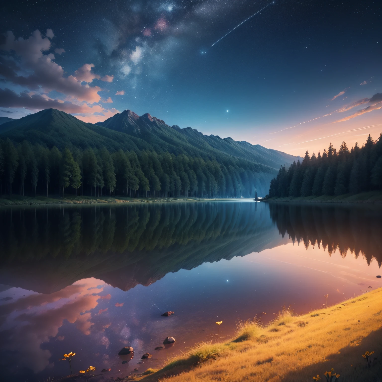 (((obra-prima))), realista, 4k, alto detalhamento, widescreen, 16:9, hd, firmamento, fotografia noturna, night sky, estrelas, plainm, campo, floresta ao longe